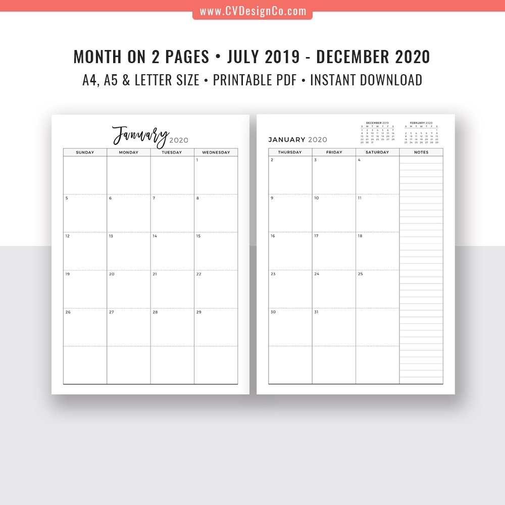 2019-2020 Monthly Planner, 18 Month Calendar, Monthly Organizer, Month On 2  Pages, Printable Planner Inserts, Best Planner, Filofax A5, A4, Letter