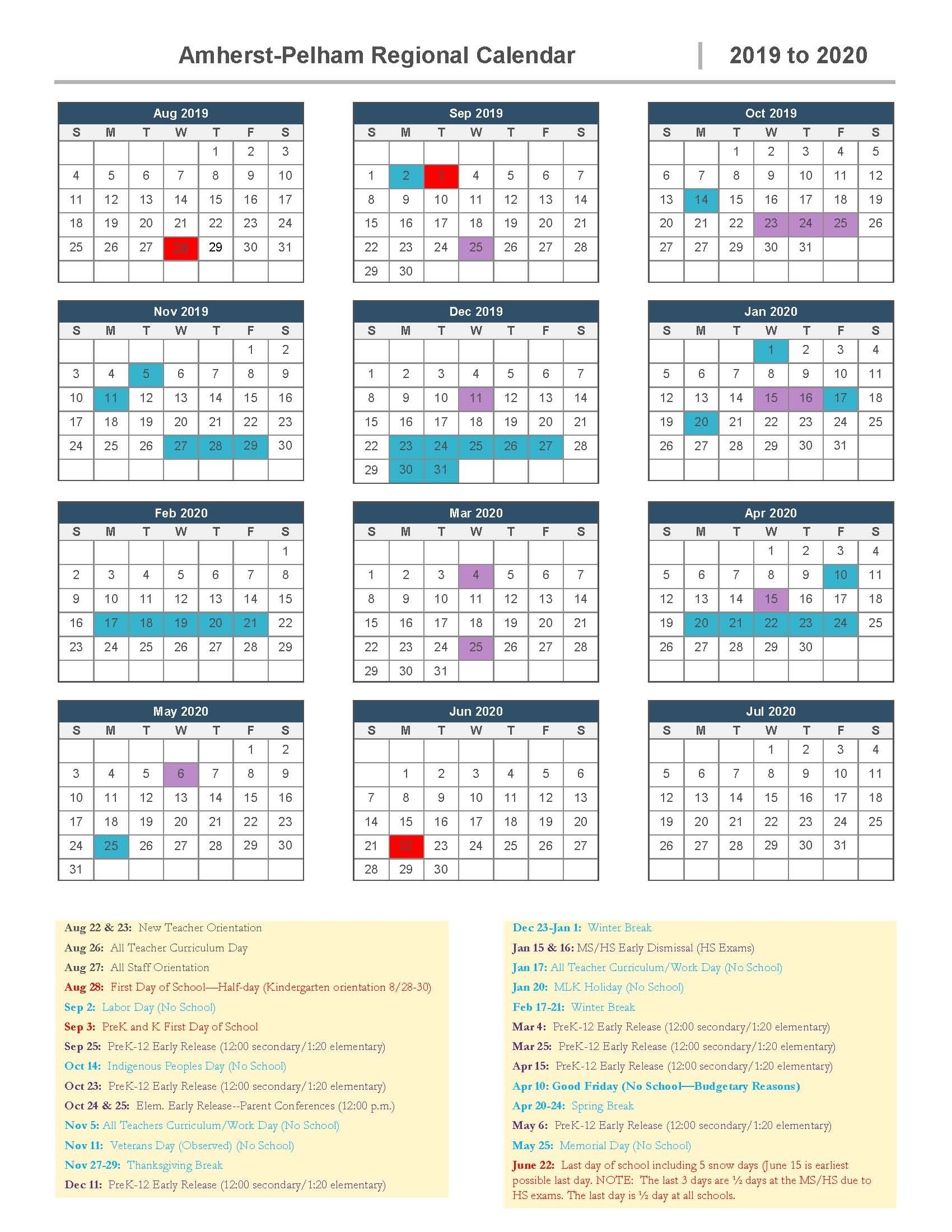 2019-2020 School Calendar Approved | Amherst-Pelham Regional