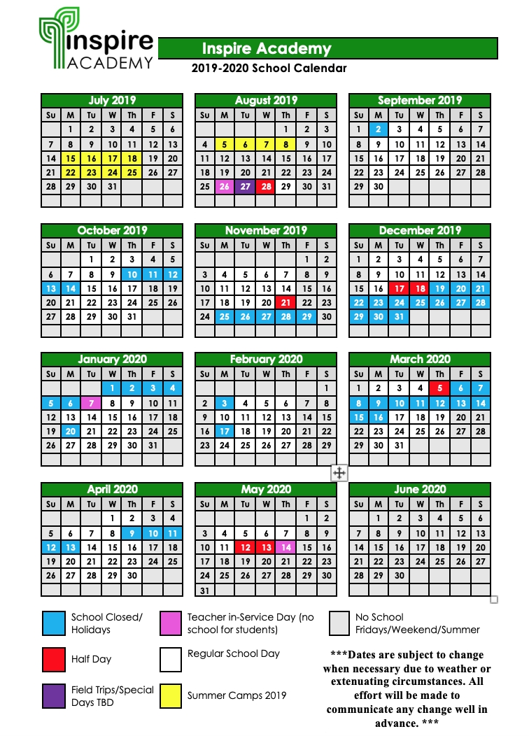 2019-2020 School Calendar — Inspire Academy