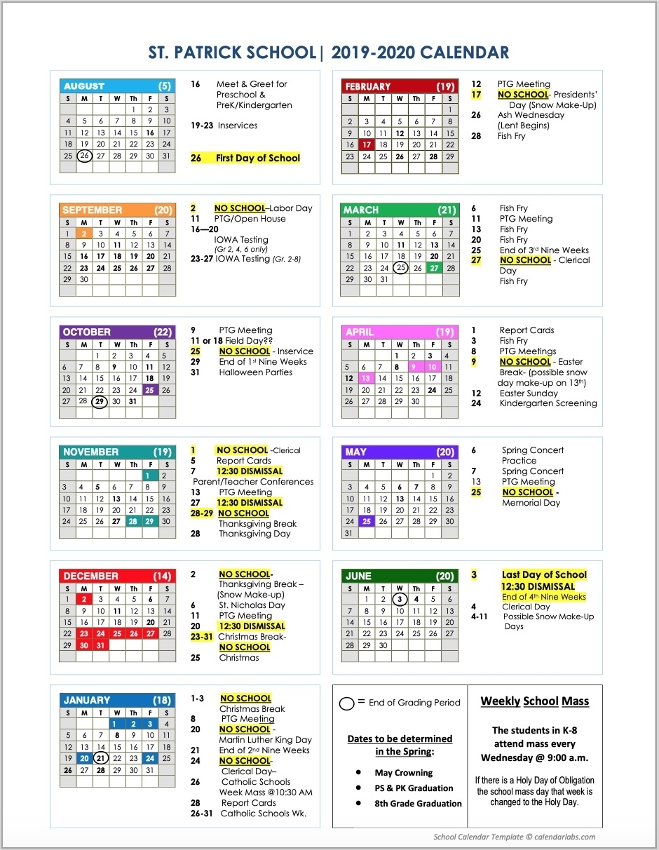 2019 – 2020 School Calendar -