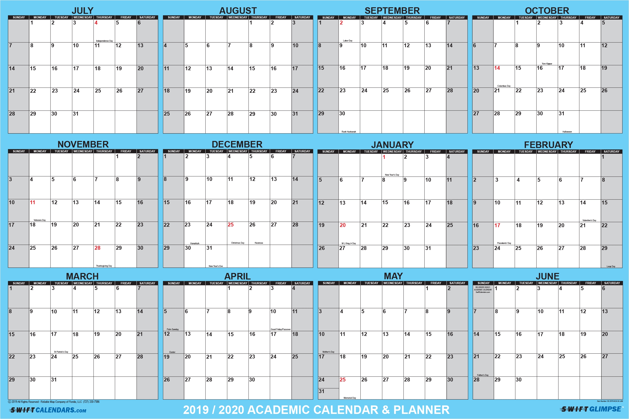 2019/2020 Swiftglimpse Yearly Academic Dry Erase Wall Calendar