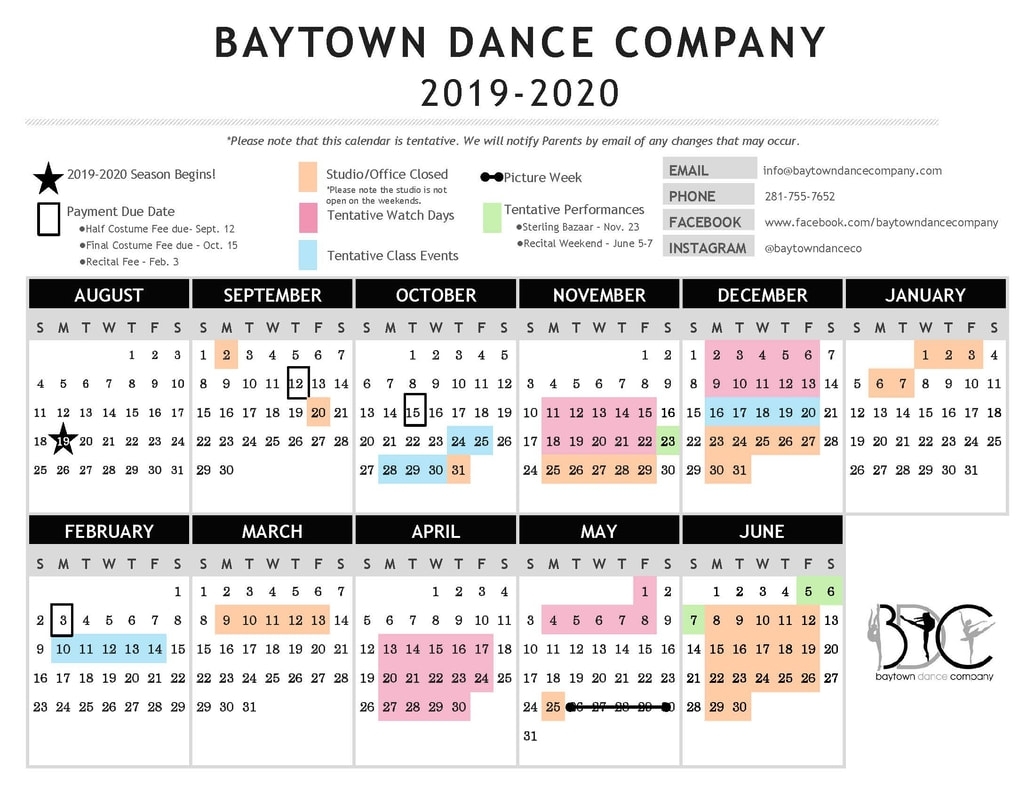2019-2020 Tentative Bdc Calendar - Baytown Dance Company