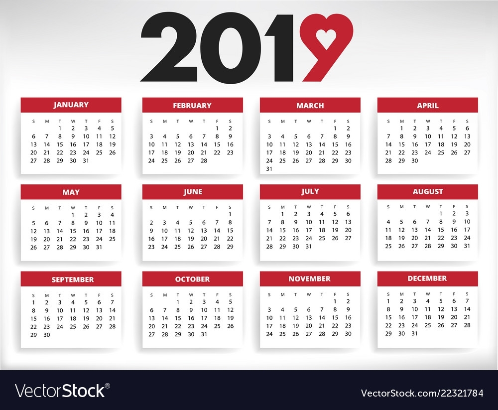 2019 Calendar All Year Months Days With Heart