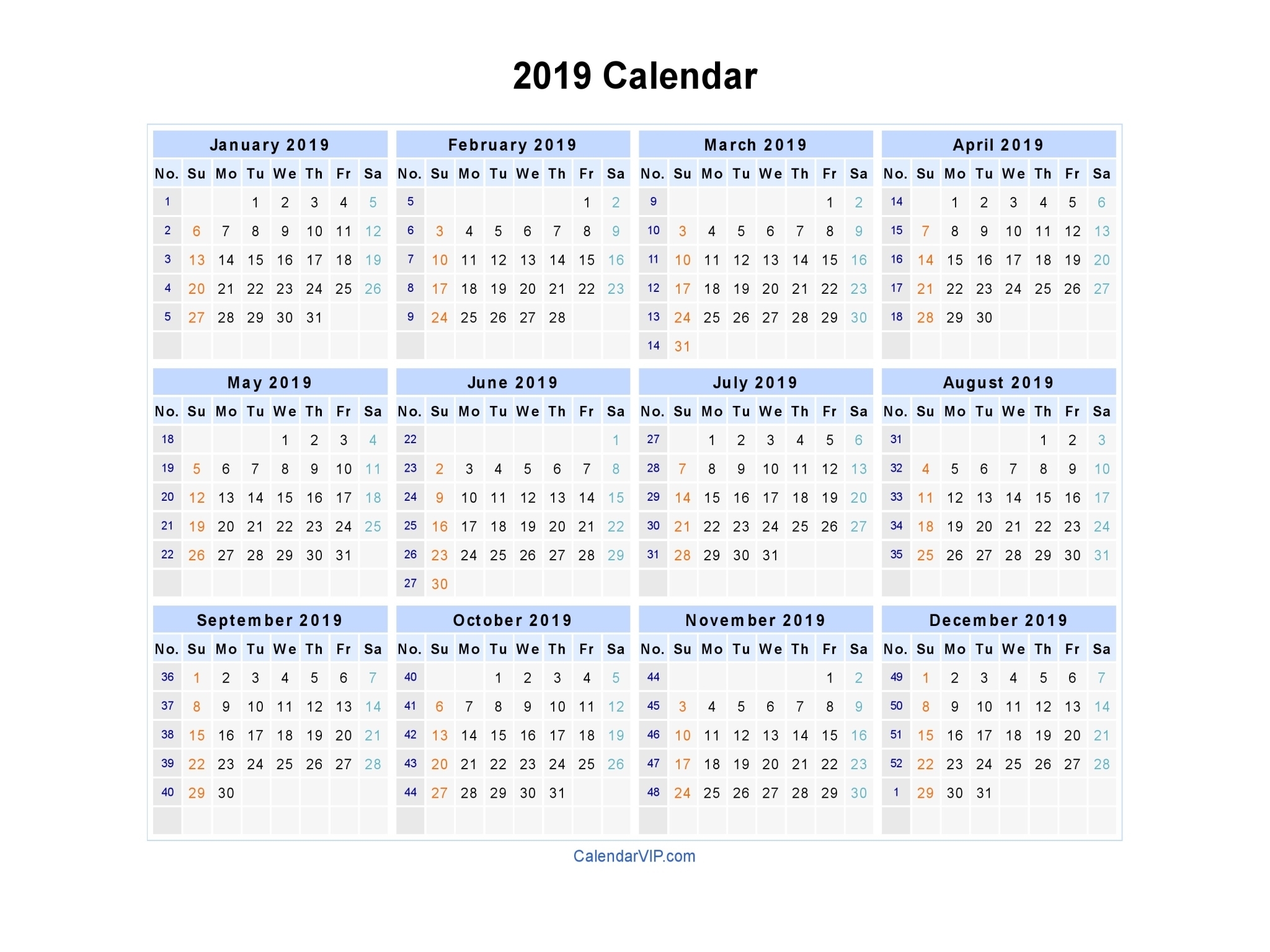 2019 Calendar - Blank Printable Calendar Template In Pdf