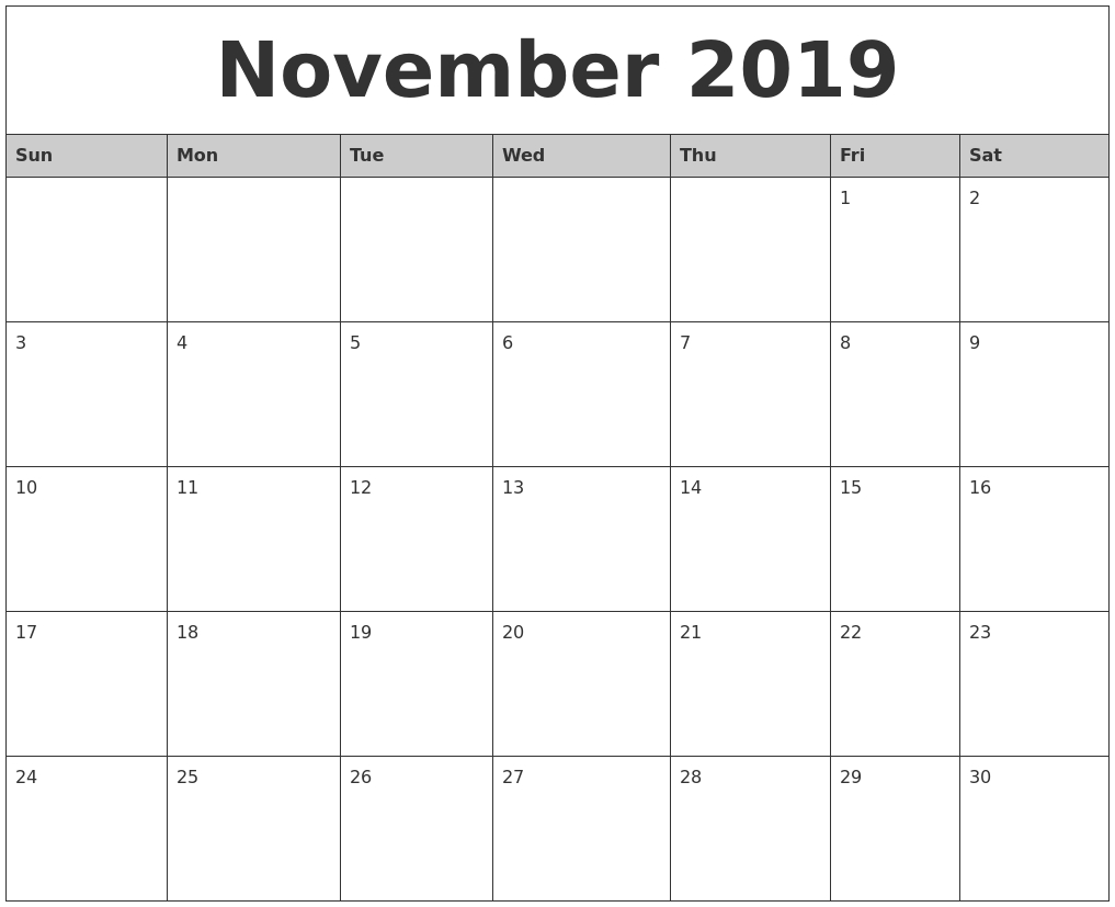 2019 Calendar November | Monthly Calendar Template, August