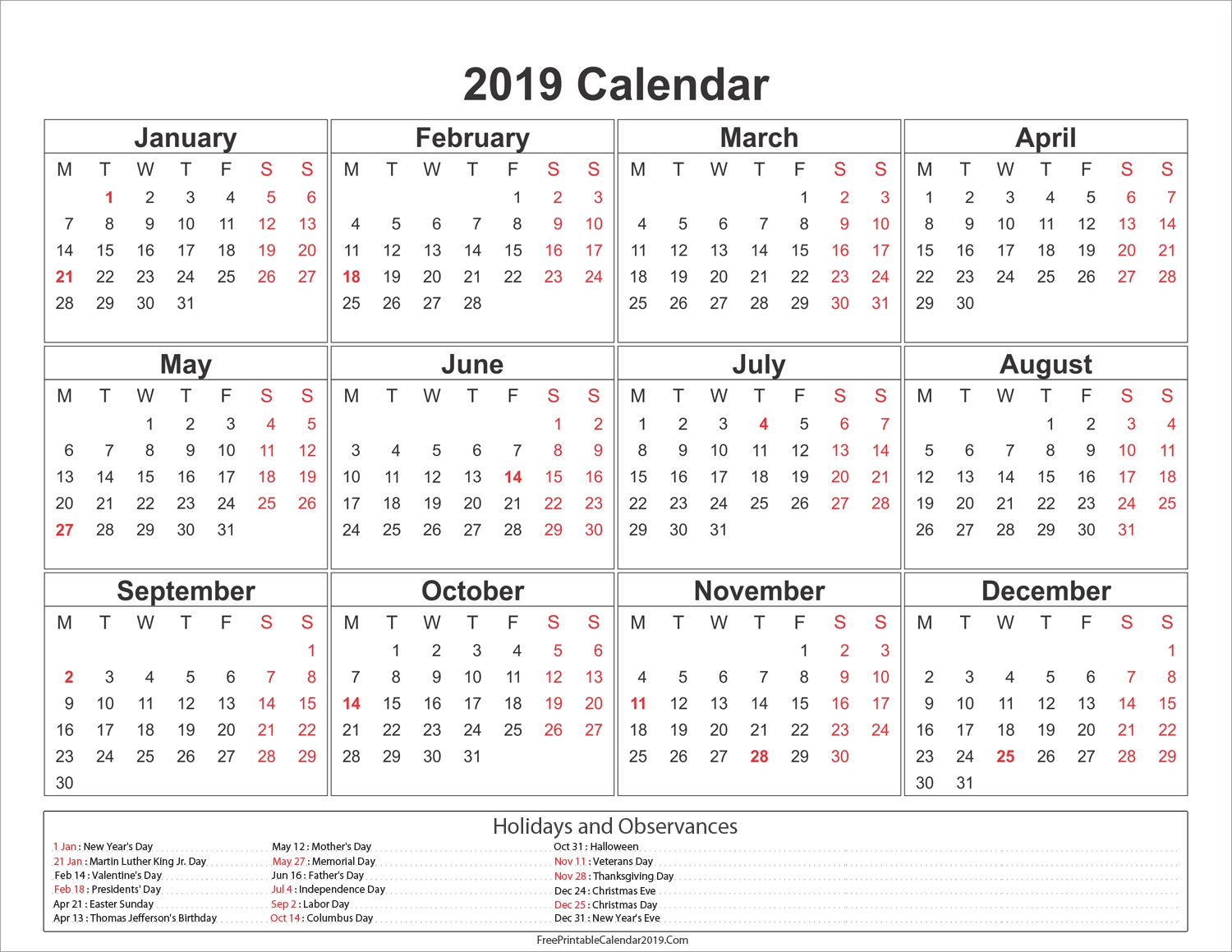 2019 Calendar Printable Free Templates - Printable Calendar 2019