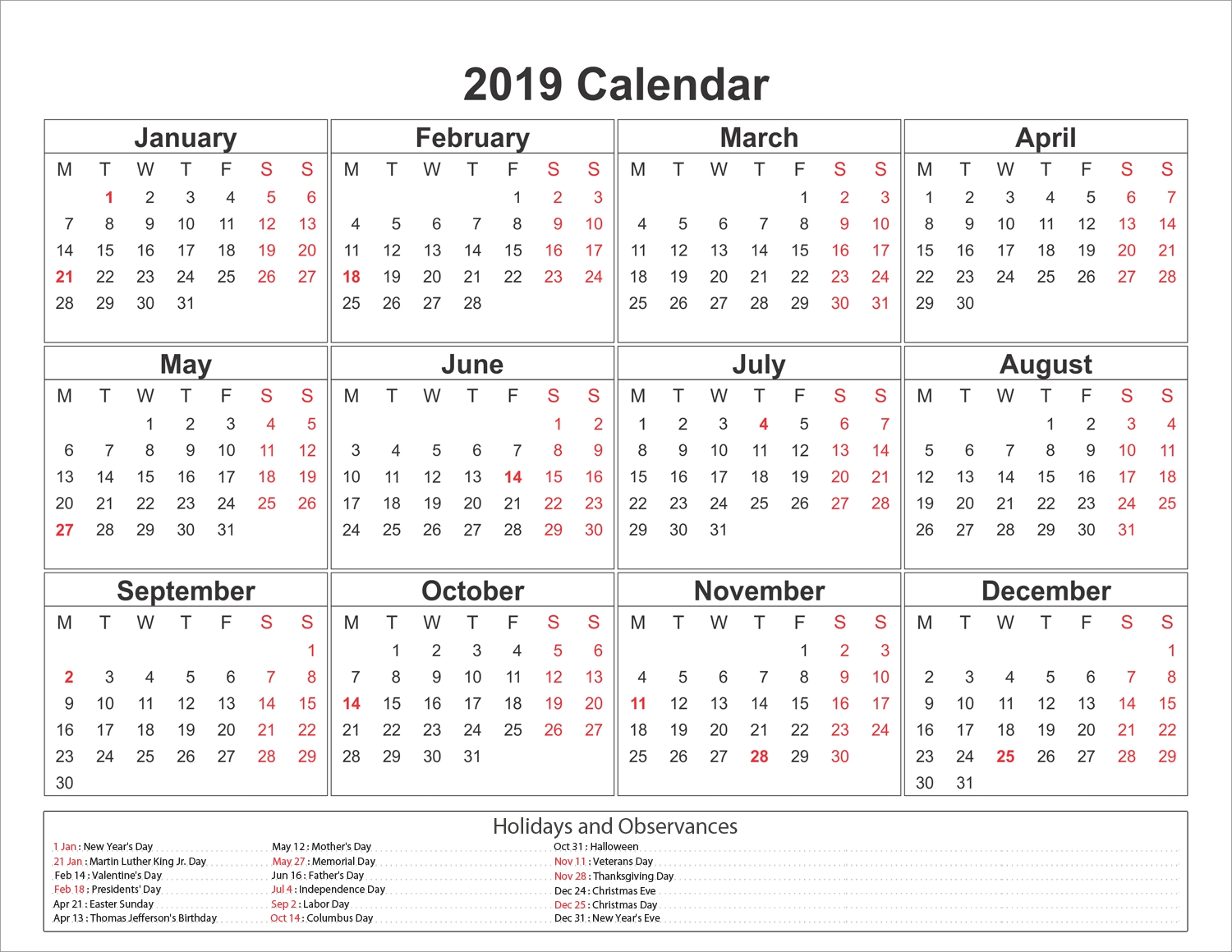 2019 Calendar Template And Printable #2019Calendar