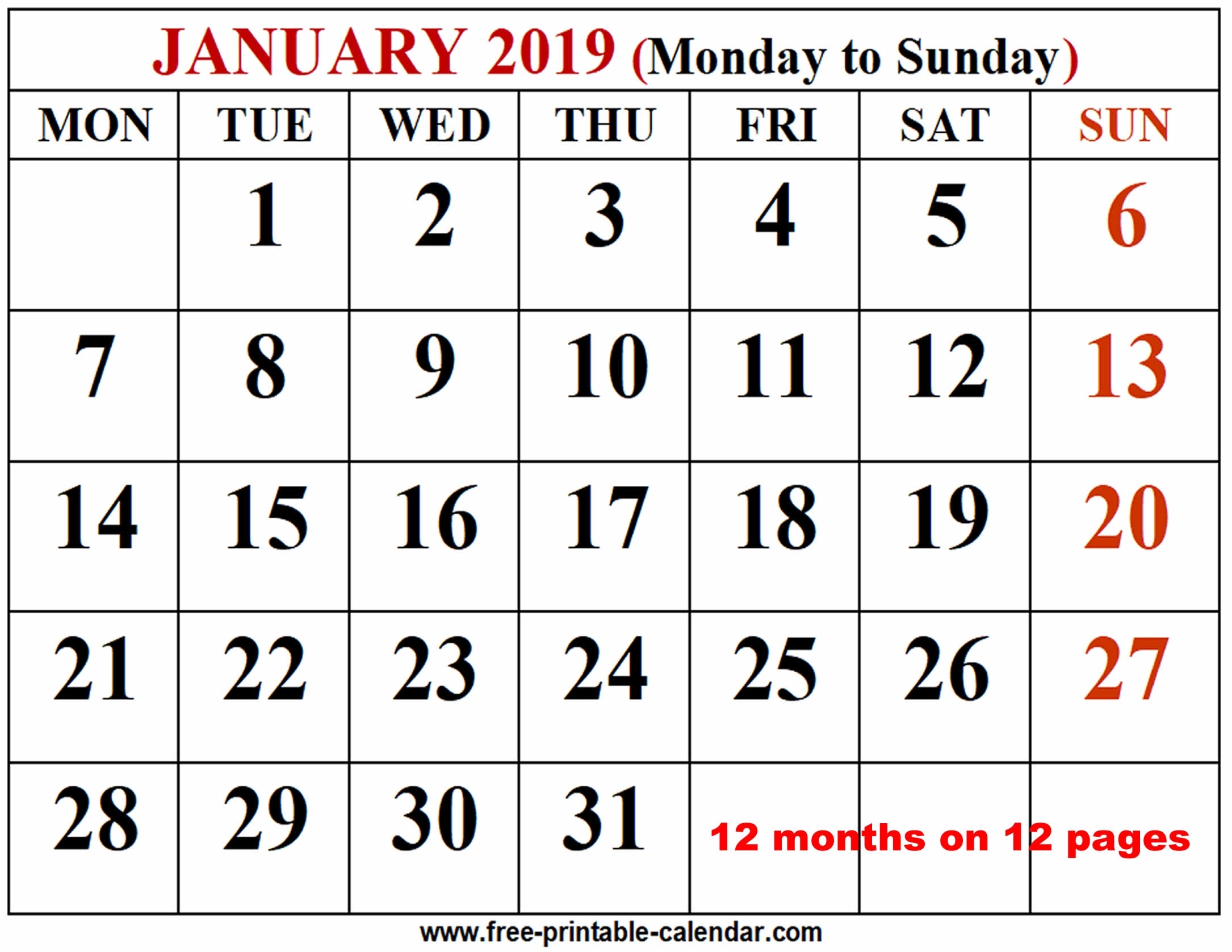 2019 Calendar Template - Free-Printable-Calendar