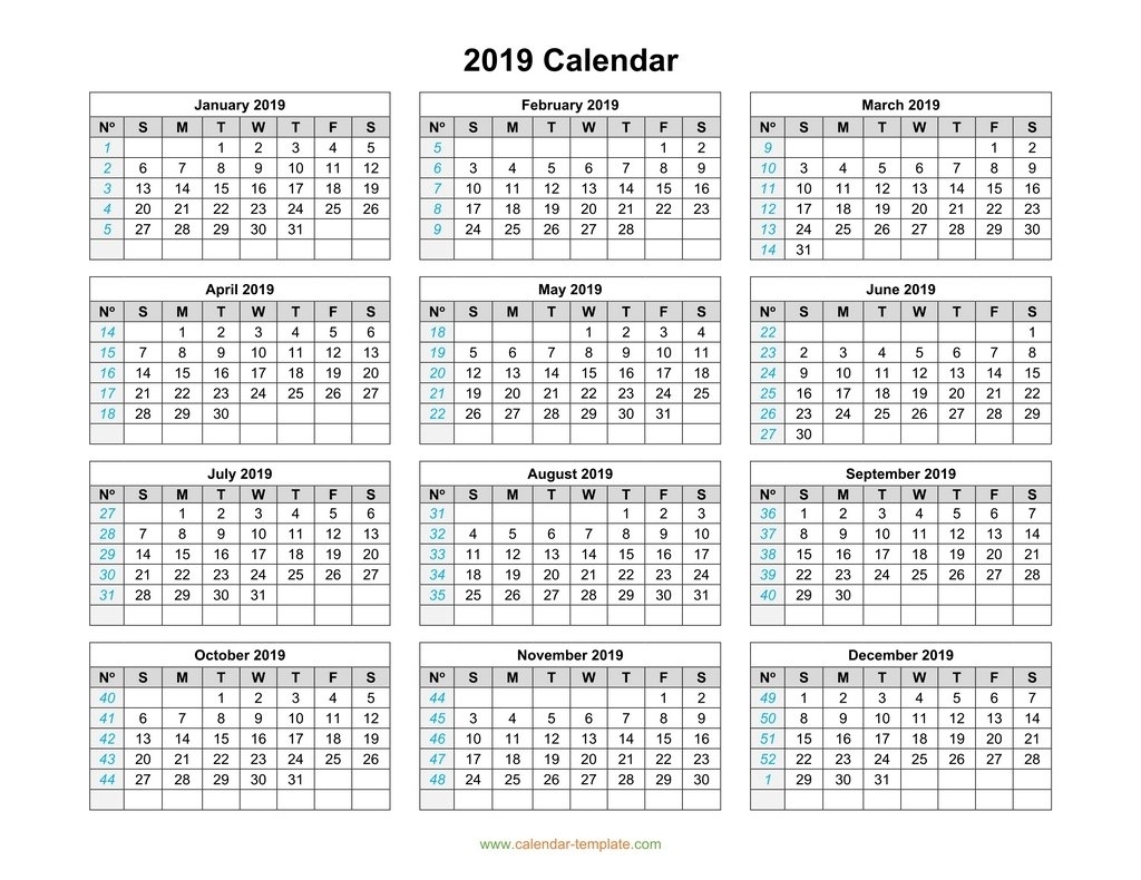 2019 Calendar Template On One Page