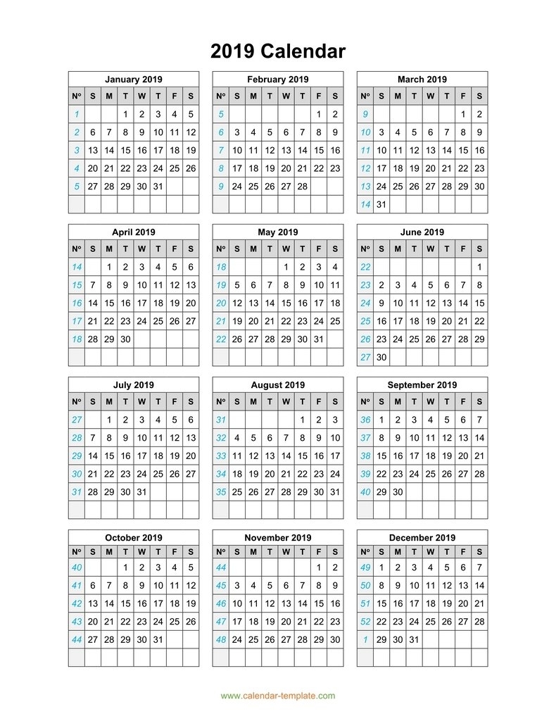 2019 Calendar Template On One Page