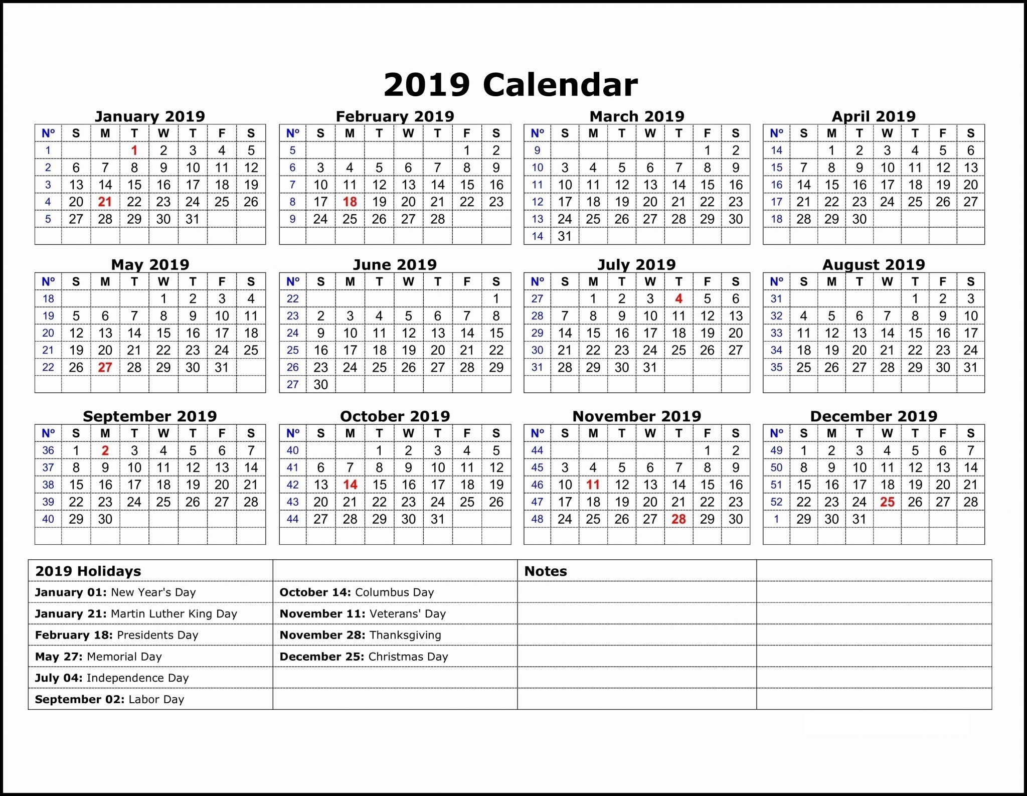 2019 Calendar Template One Page | Printable Calendar