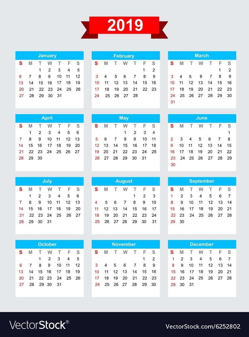 2019 Calendar Week Start Sunday