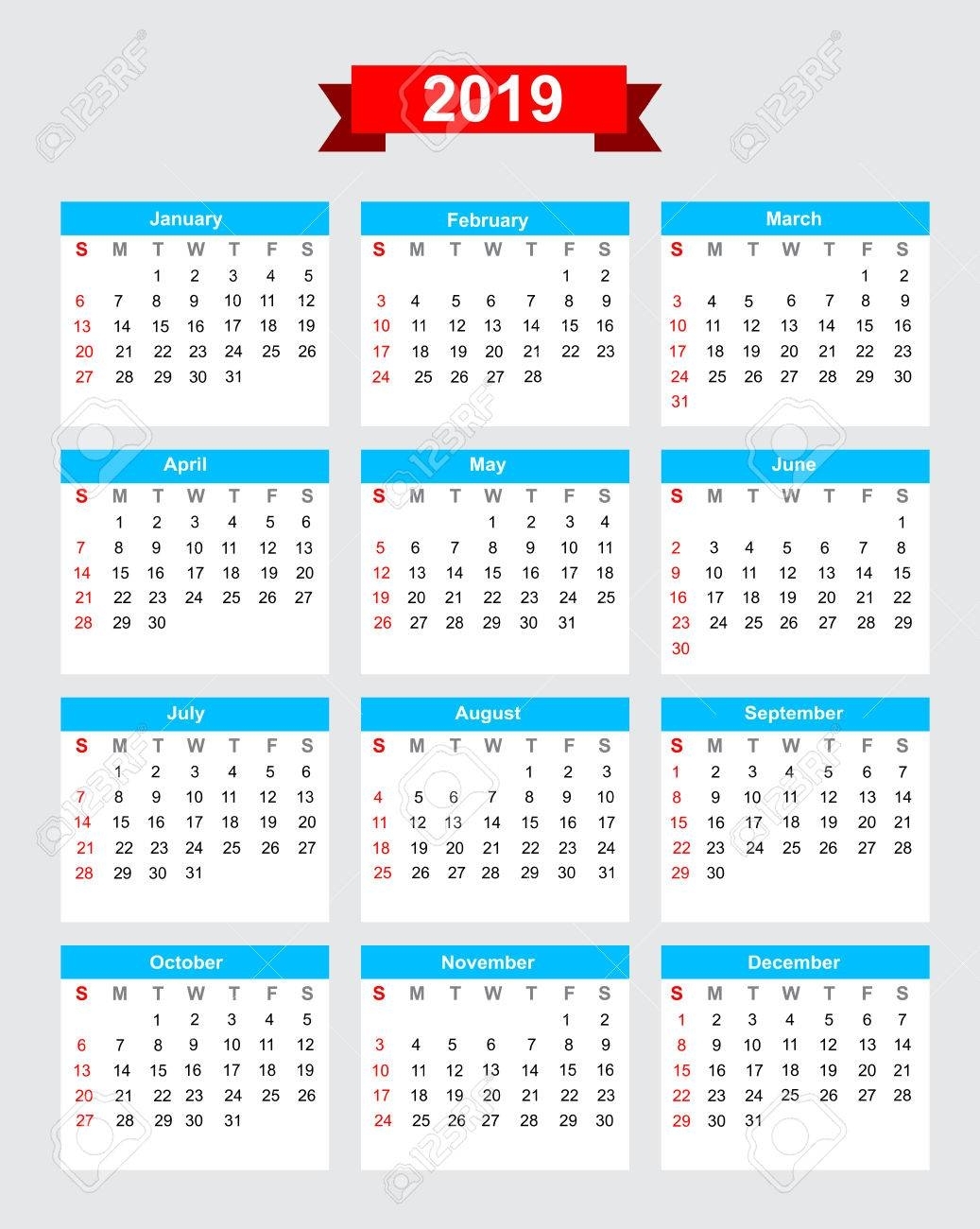 2019 Calendar Week Start Sunday Vector