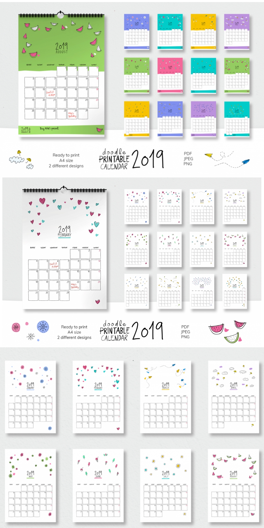 2019 Doodle Printable Calendar | Calendar Doodles, Planner