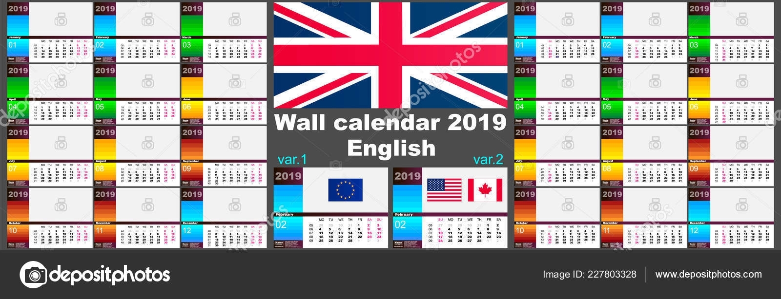 2019 English Wall Calendar. Two Iso 8601 Templates For