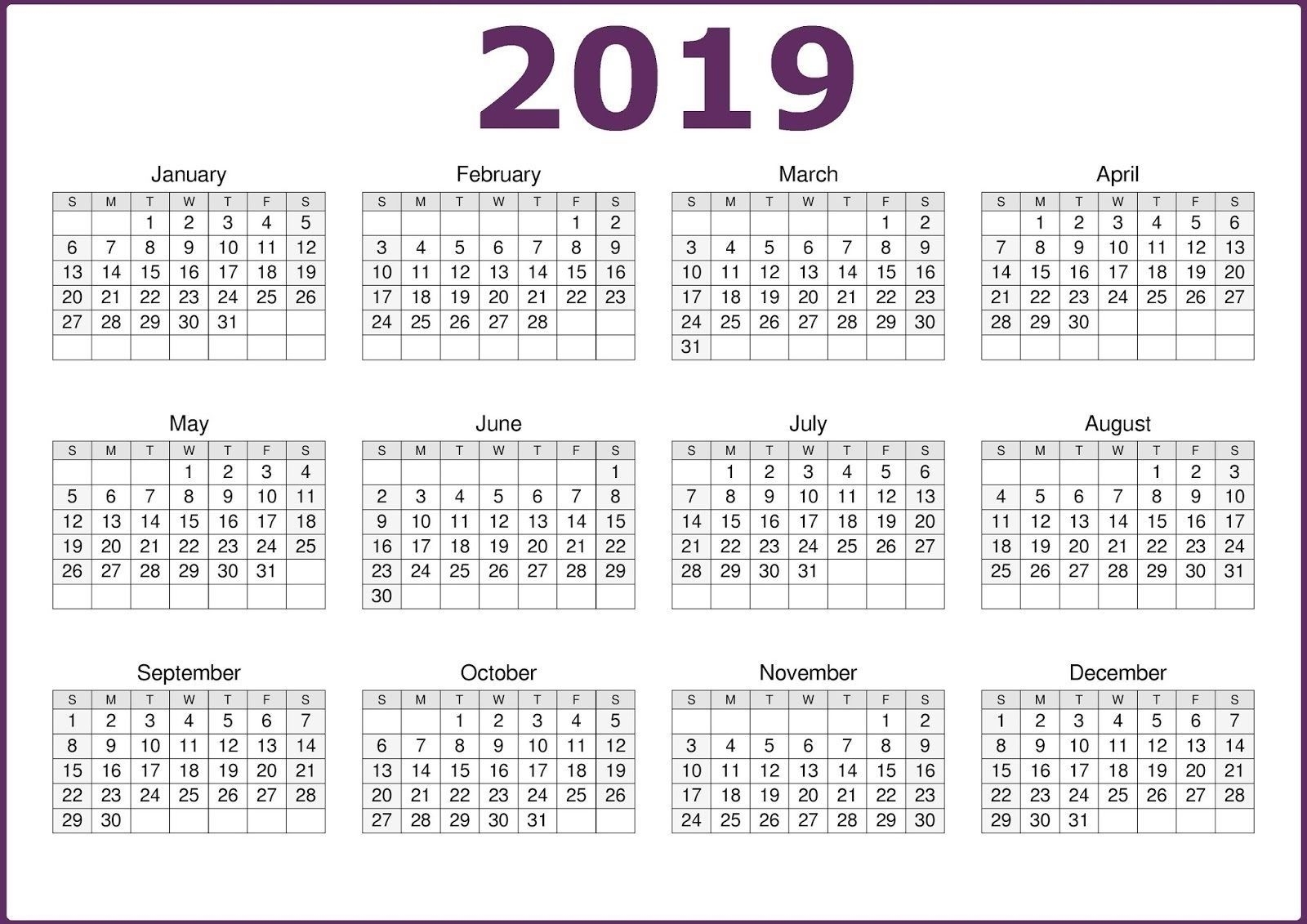 2019 One Page 12 Months Calendar | 2019 Calendars | Calendar