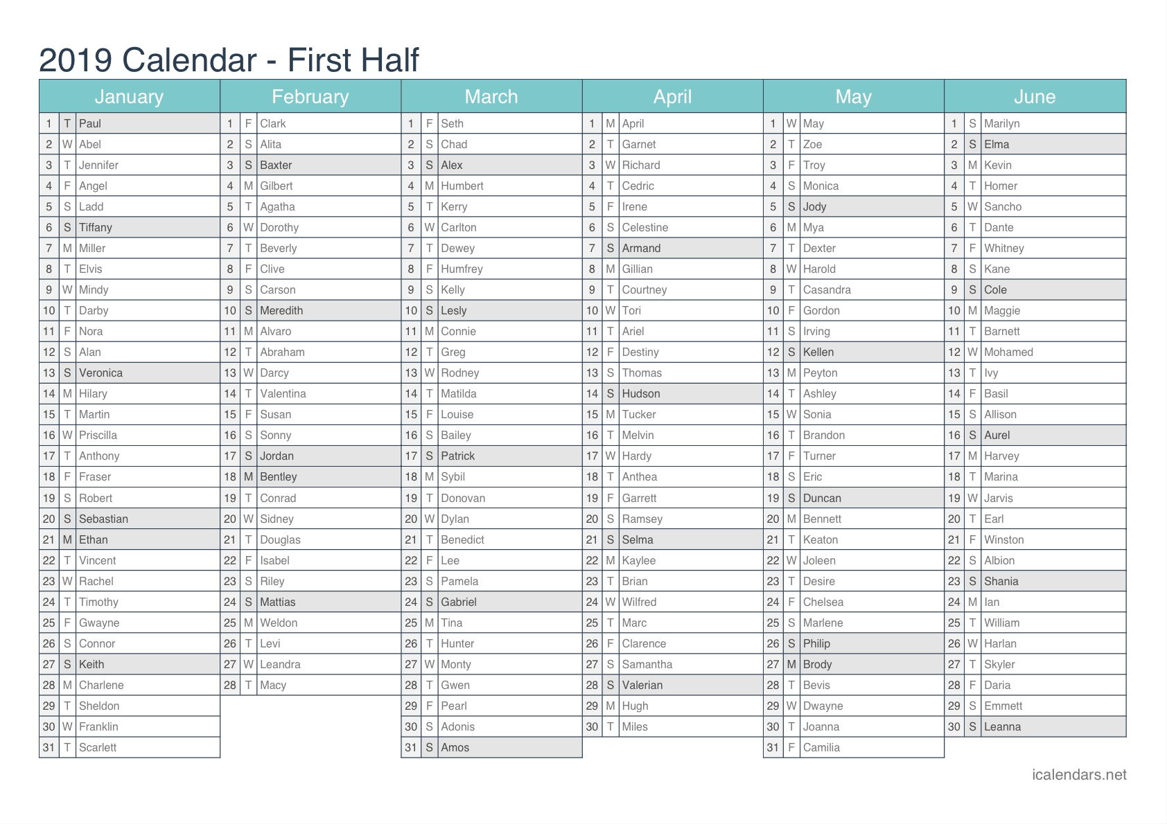 2019 Printable Calendar - Pdf Or Excel - Icalendars