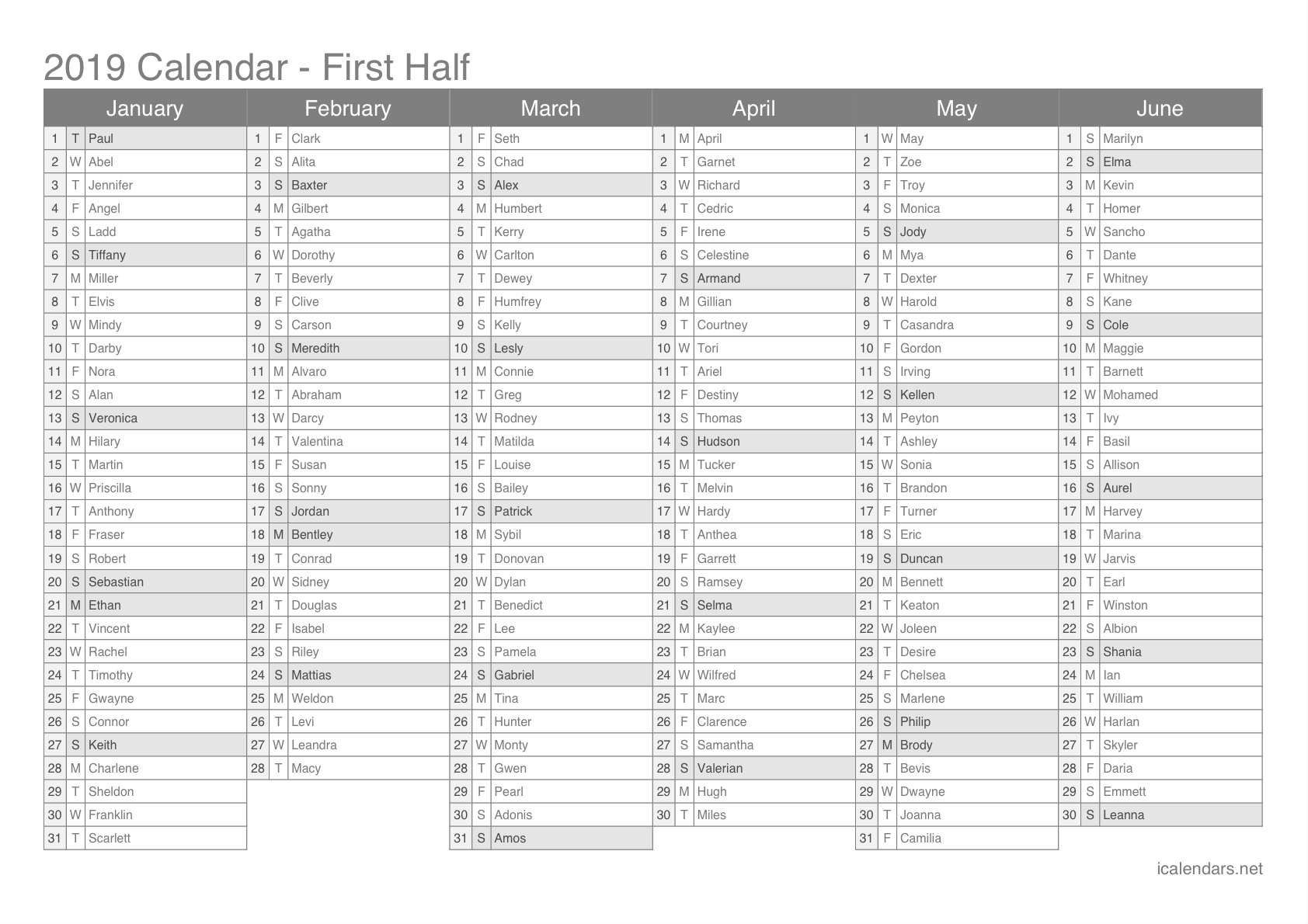 2019 Printable Calendar - Pdf Or Excel - Icalendars