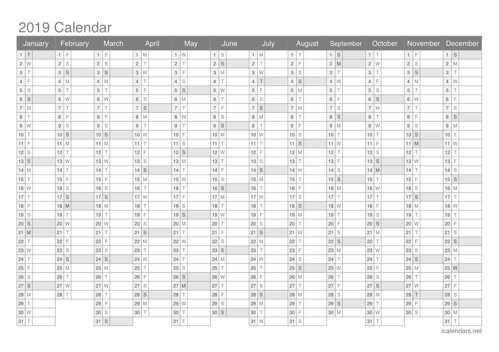 2019 Printable Calendar - Pdf Or Excel - Icalendars