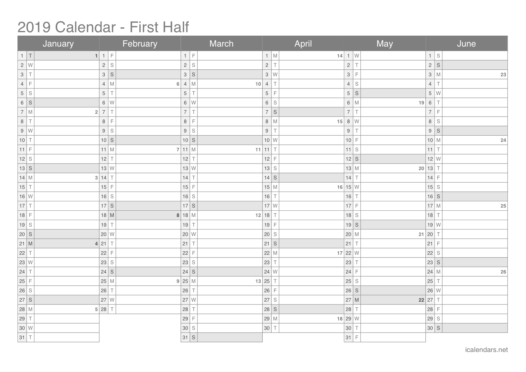 2019 Printable Calendar - Pdf Or Excel - Icalendars