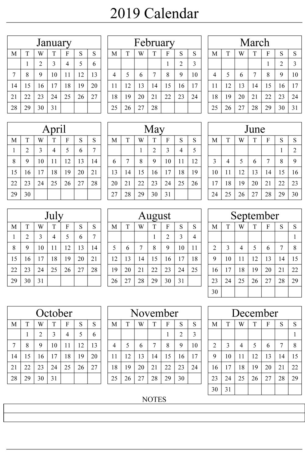 2019 Printable Calendar Templates - Blank Word Pdf
