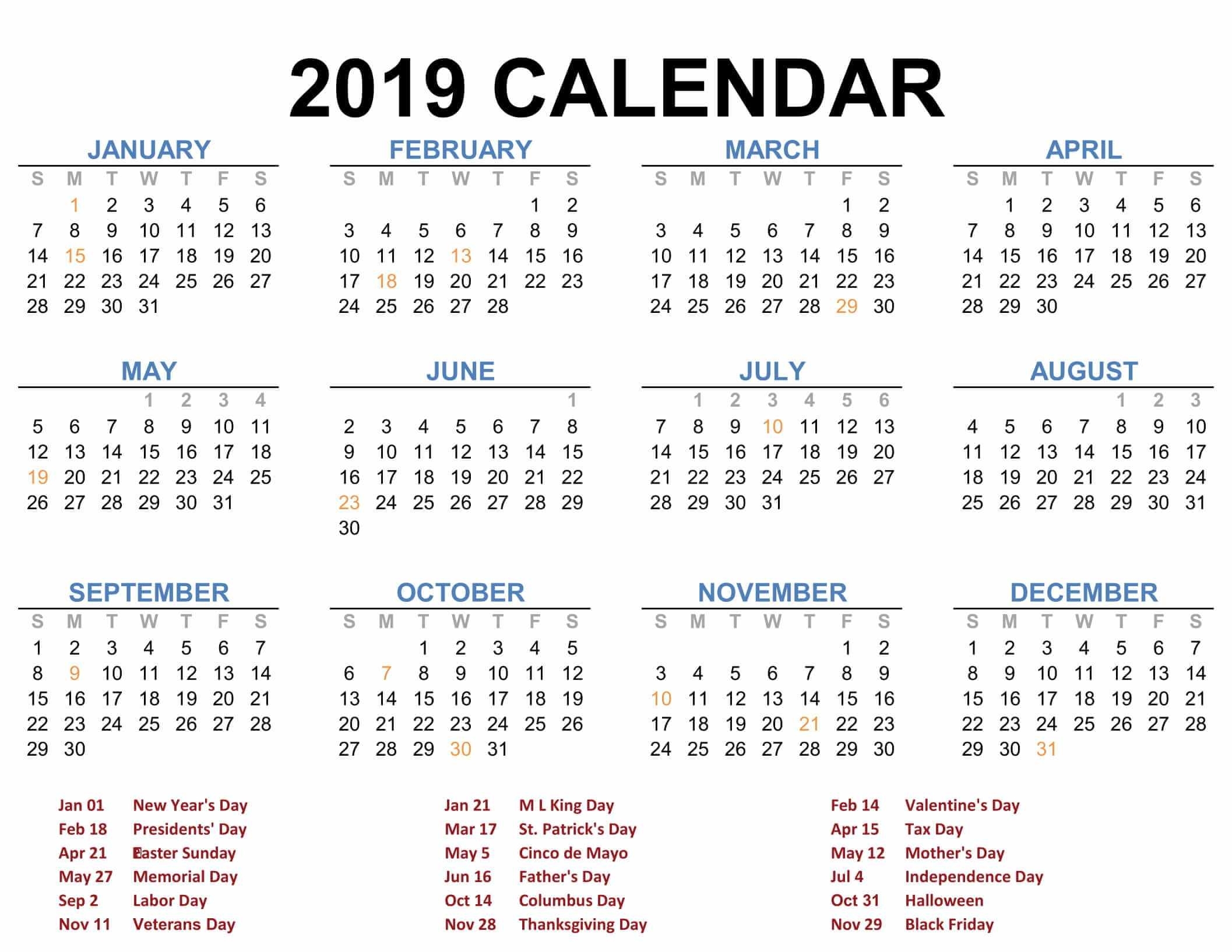 2019 Printable Calendar Templates - Pdf Excel Word - Free