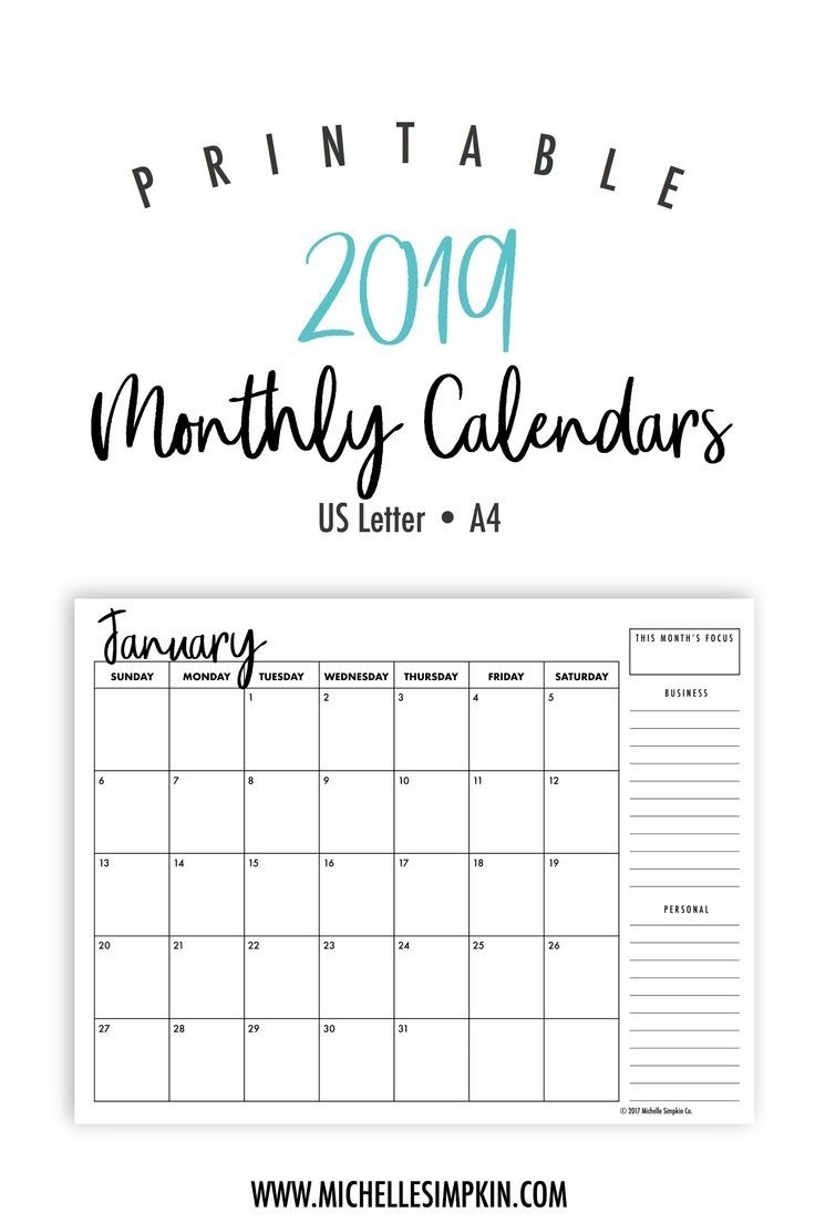 2019 Printable Monthly Calendars • Landscape • Us Letter