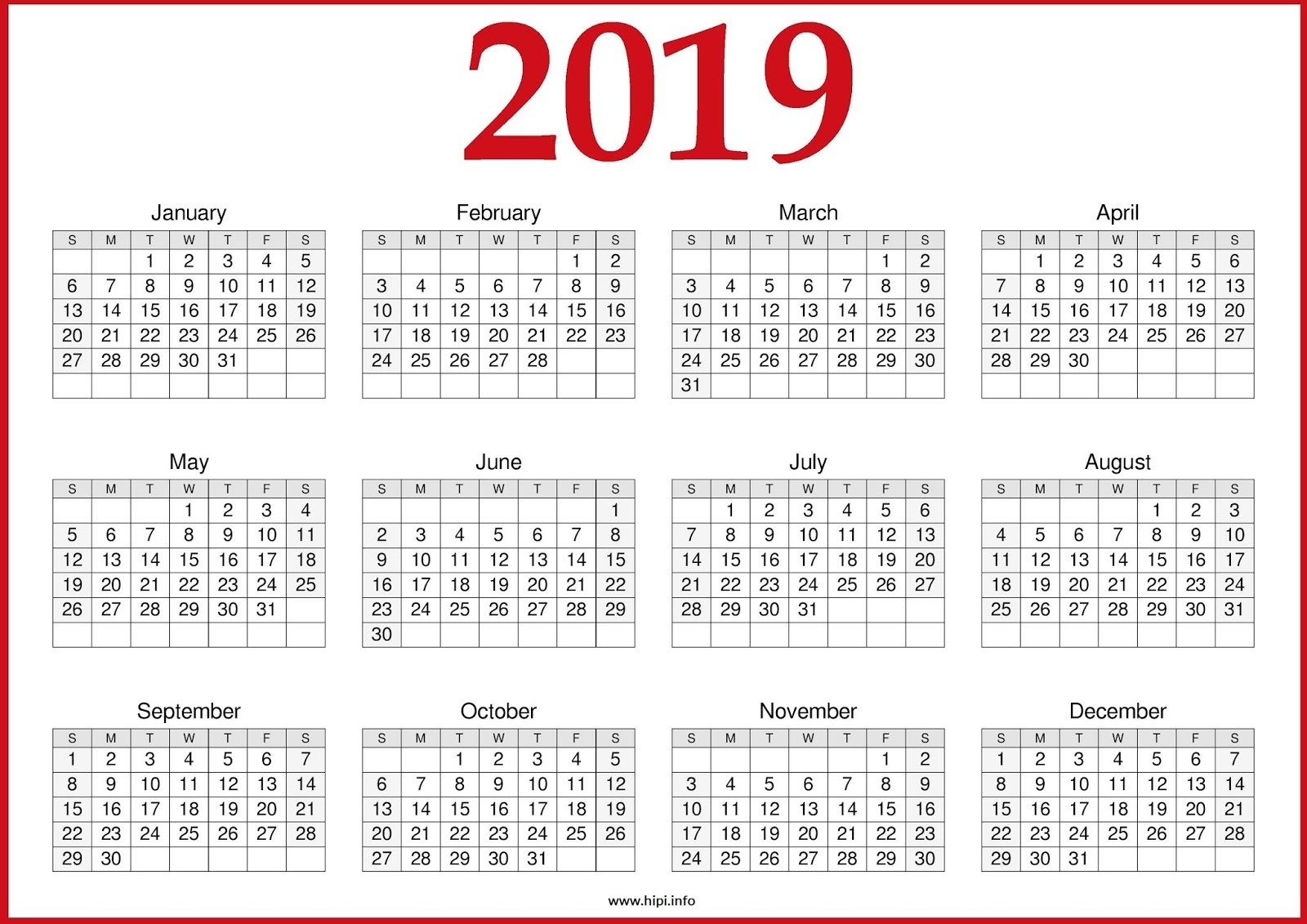 2019 Printable Yearly Calendar One Page - Free August 2019