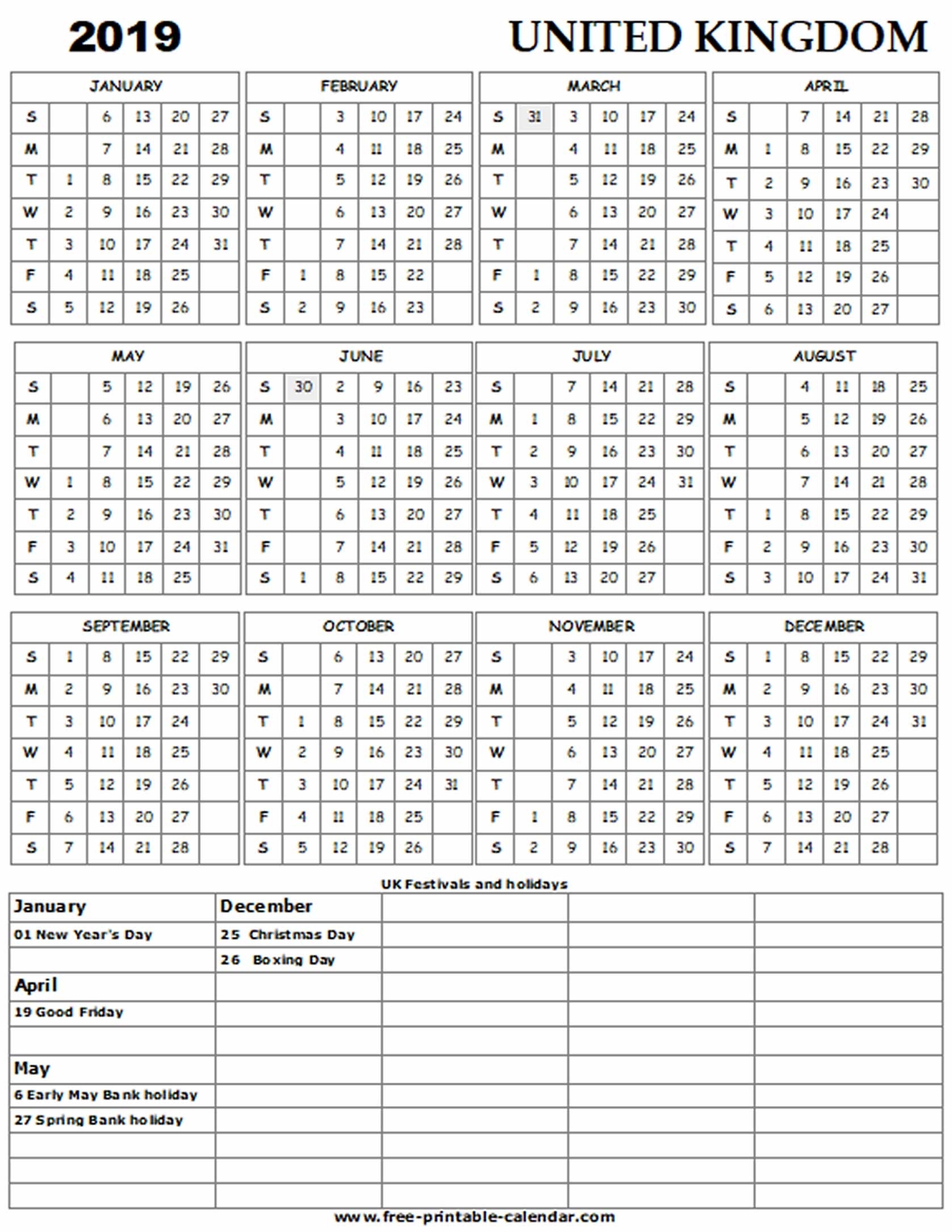 2019 Uk Holiday Calendar - Free-Printable-Calendar