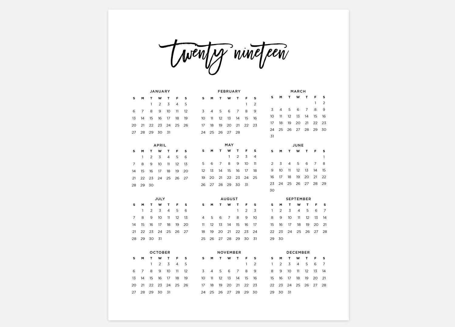 2019 Year At A Glance Printable Calendar 2019 Calendar