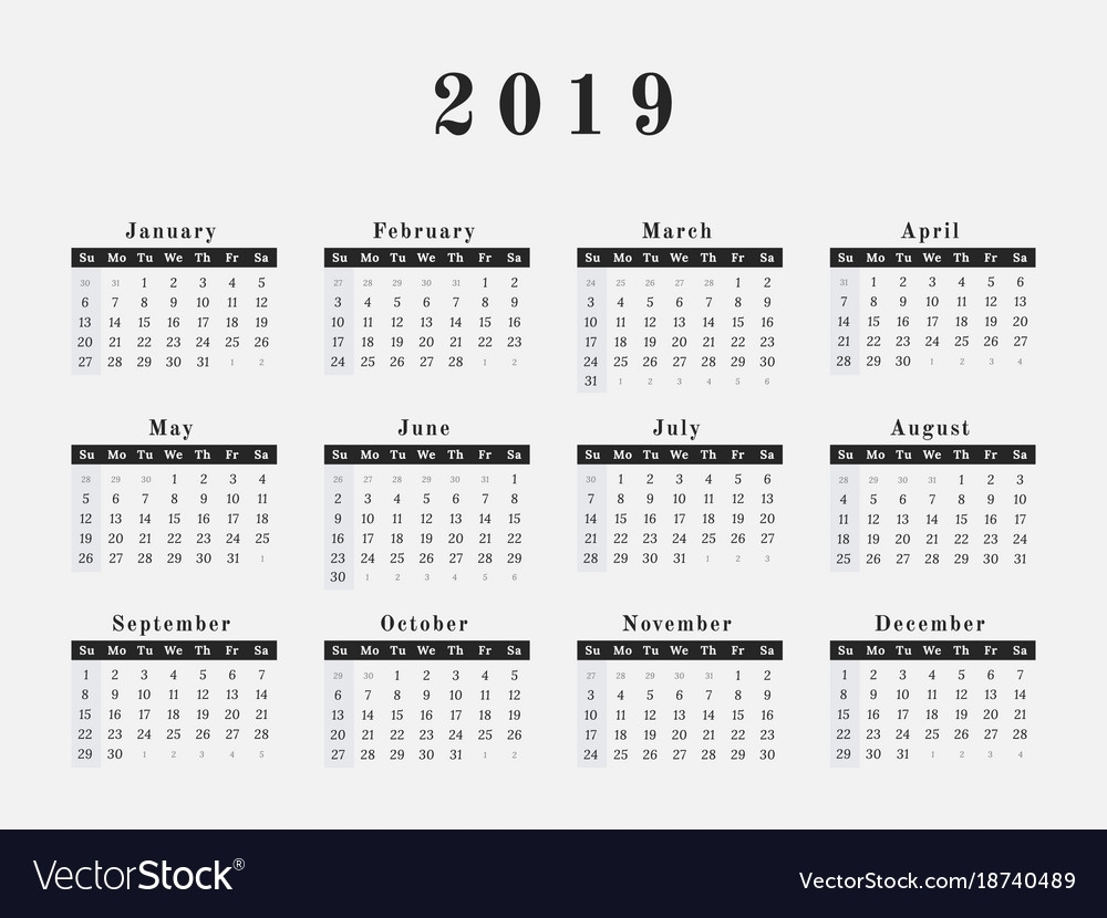 2019 Year Calendar Horizontal Design