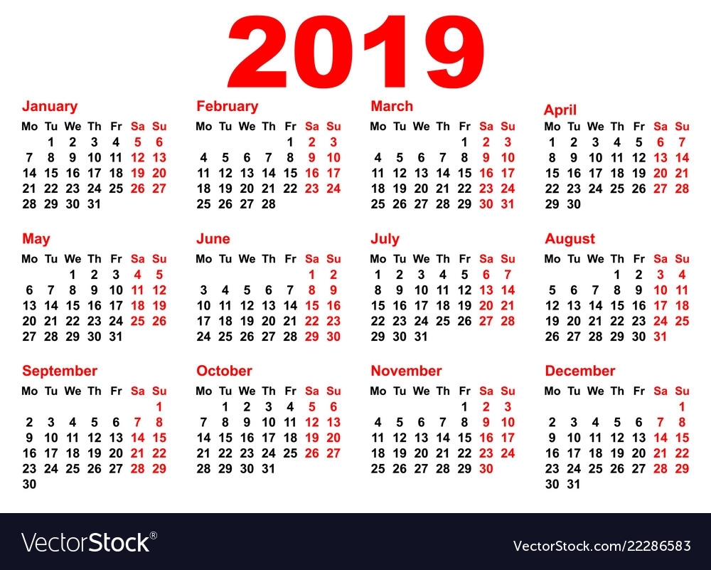 2019 Year Calendar Template Grid Pocket Horizontal