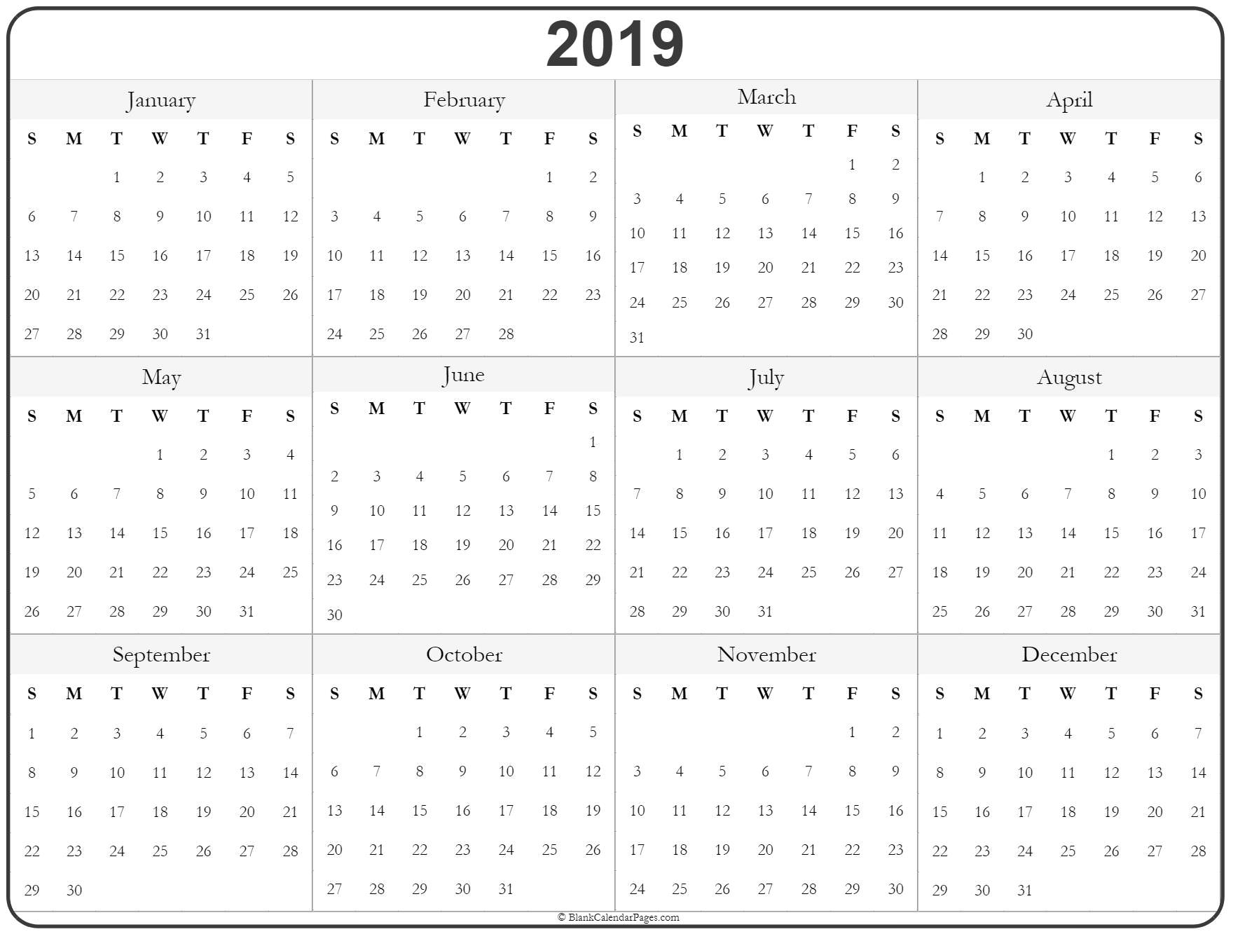 2019 Year Calendar | Yearly Printable