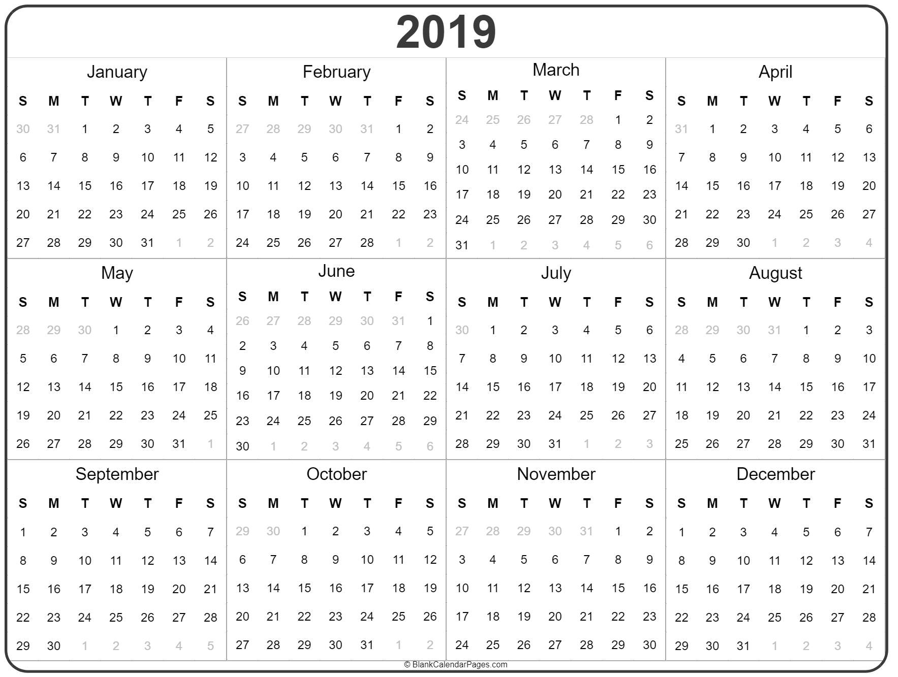 2019 Year Calendar | Yearly Printable