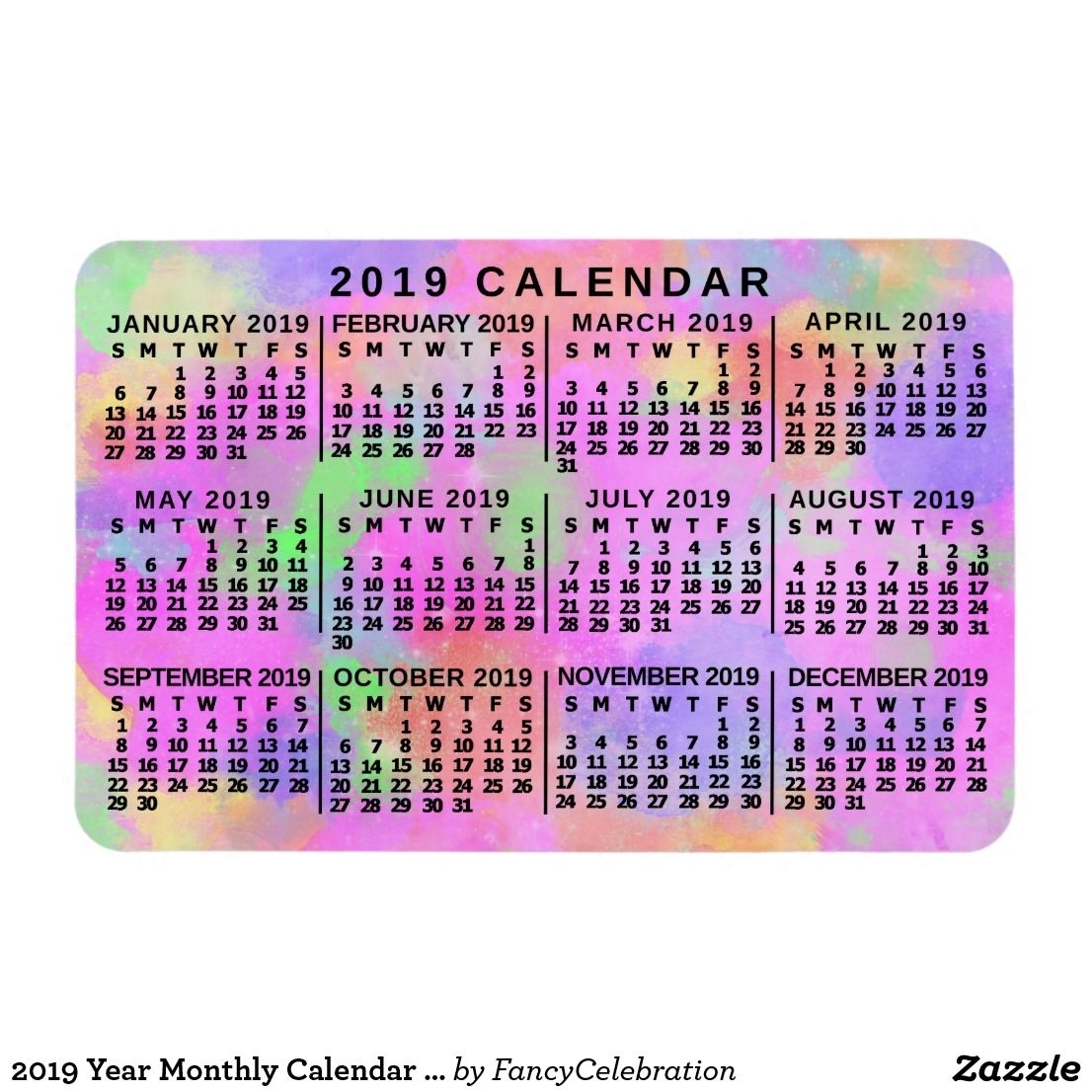 2019 Year Monthly Calendar Rainbow Splatter Paint Magnet