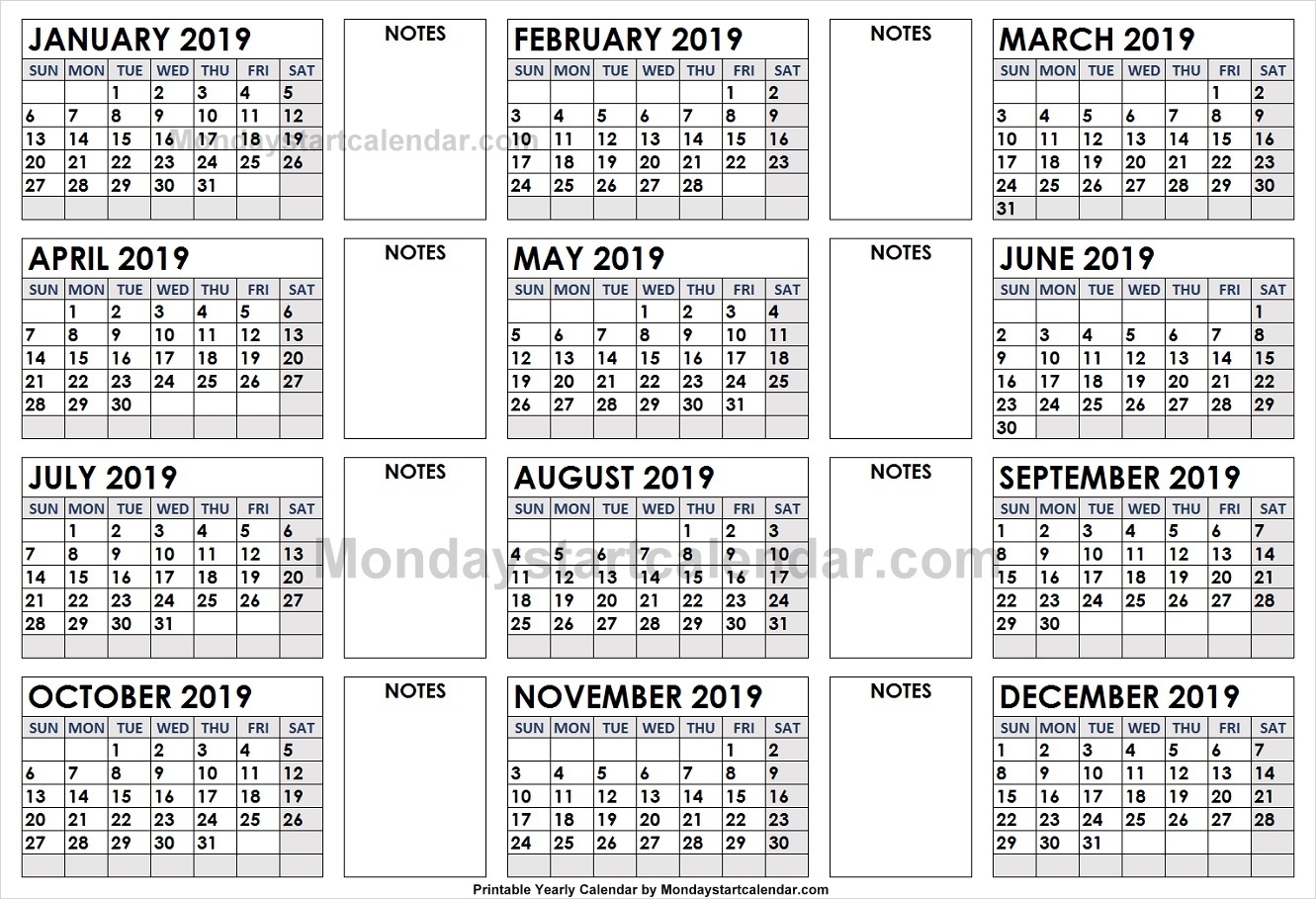 2019 Yearly Calendar With Blank Notes | Editable 2019 Yearly