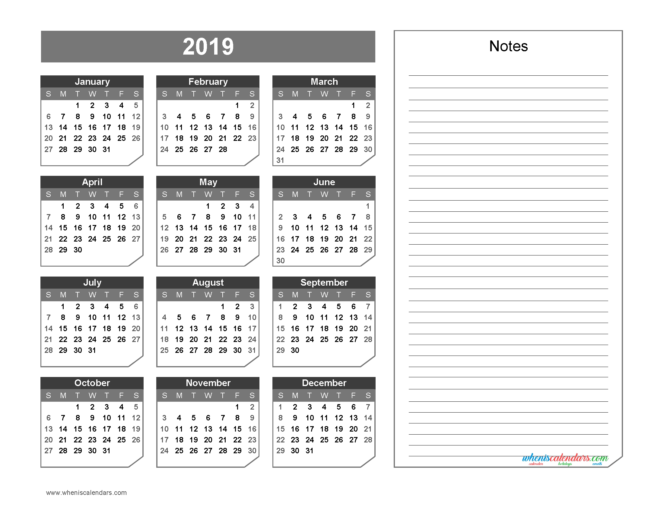 2019 Yearly Calendar With Notes Printable Chamfer Collection