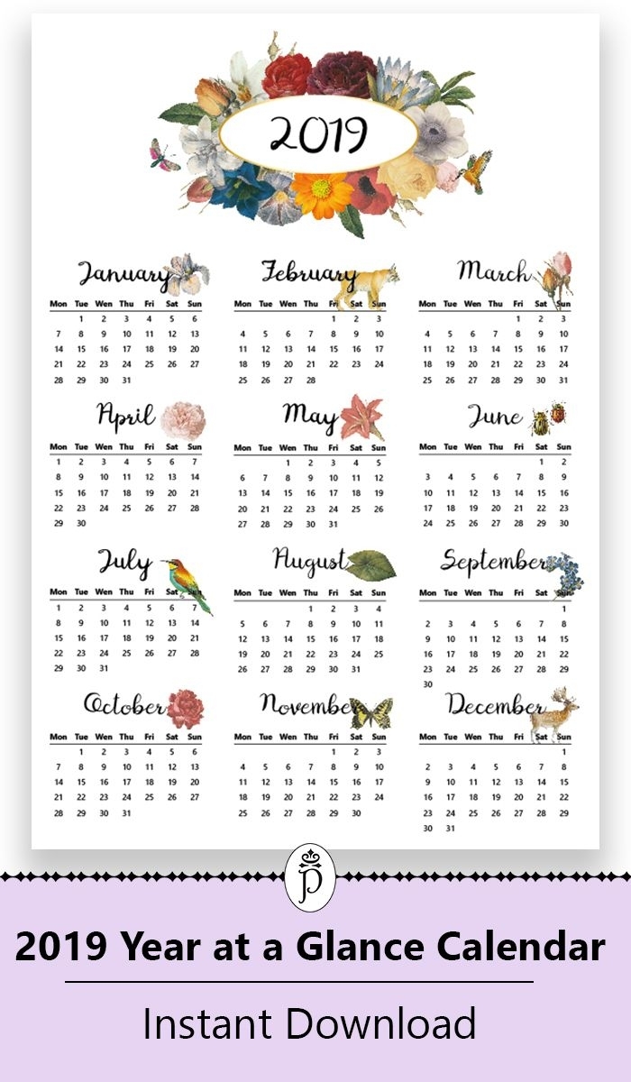 2019 Yearly Printable Wall Calendar, Botanical, Floral