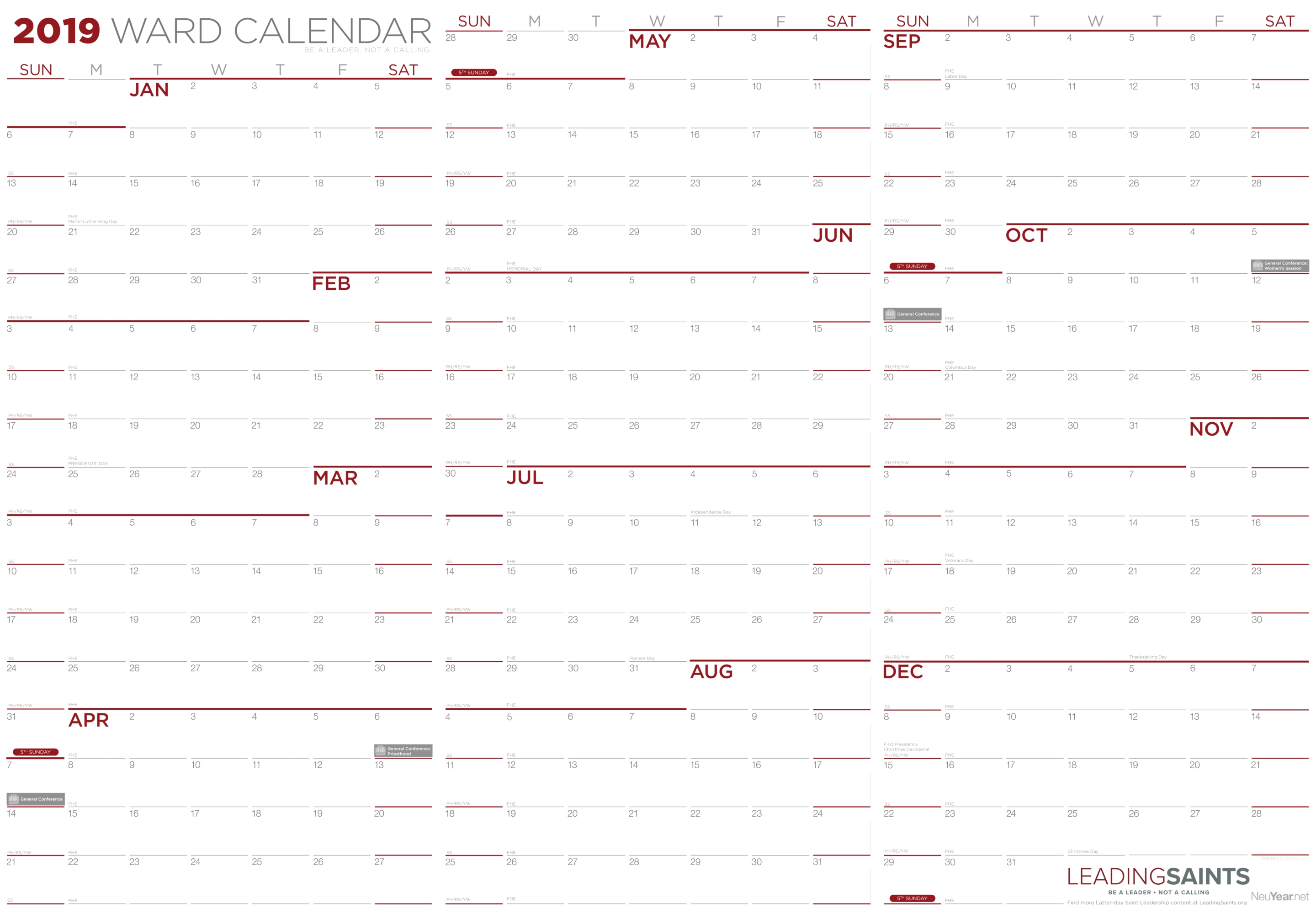 2019 Yearly Ward Calendar | Leading Saints