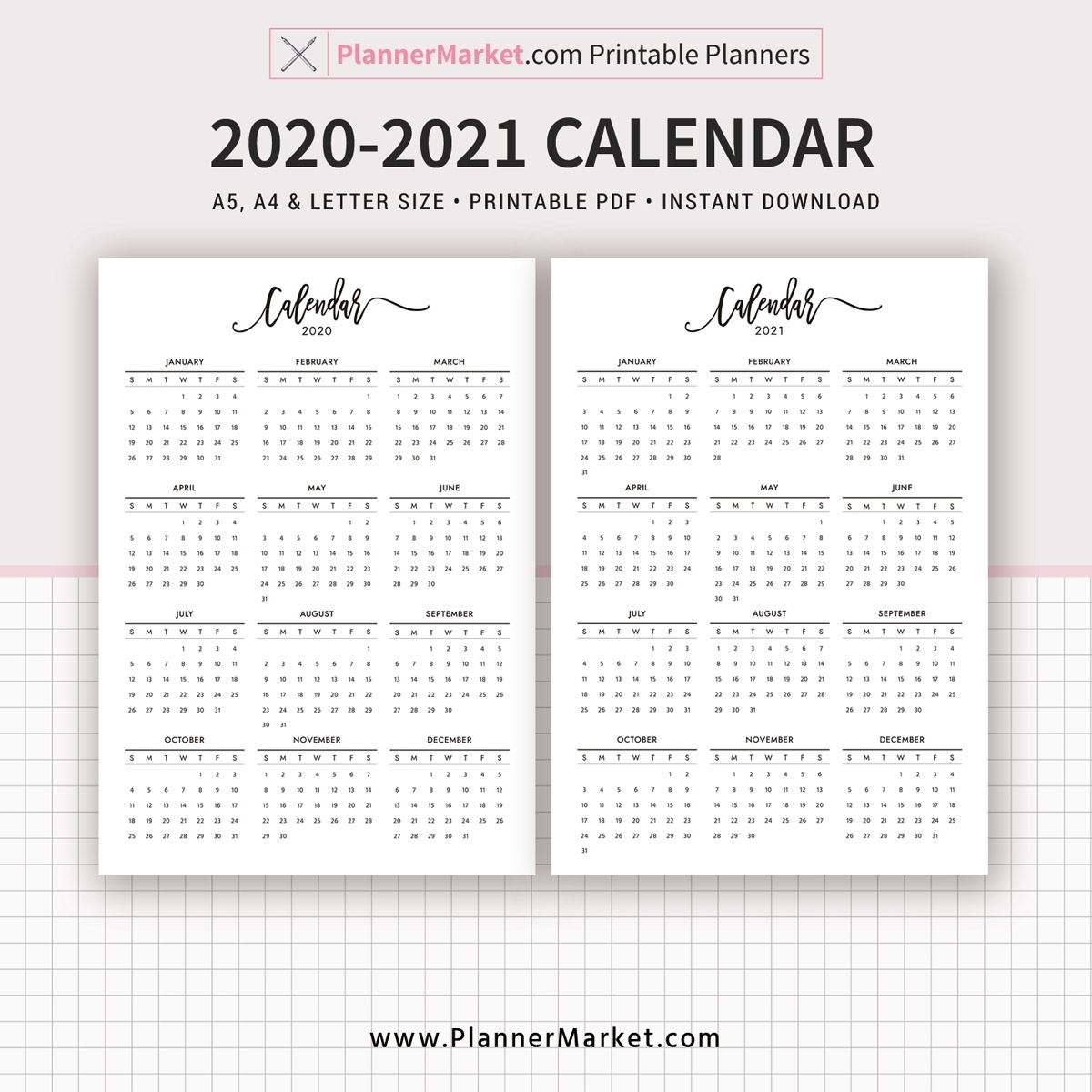 2020-2021 Calendar Printable, Year At A Glance, Filofax A5, A4, Letter  Size, Planner Template, Planner Inserts, Planner Refills, Instant Download