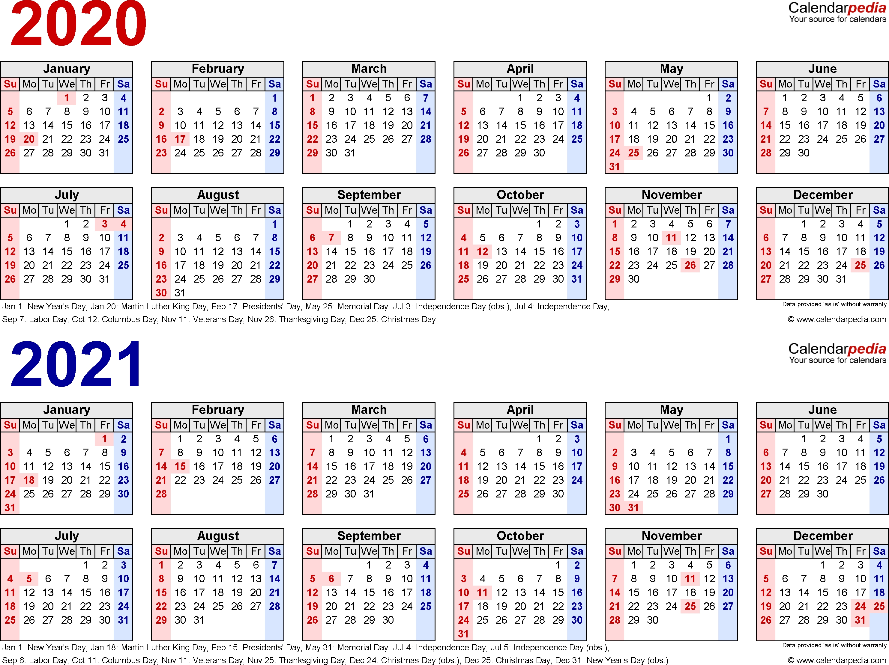 2020-2021 Two Year Calendar - Free Printable Excel Templates