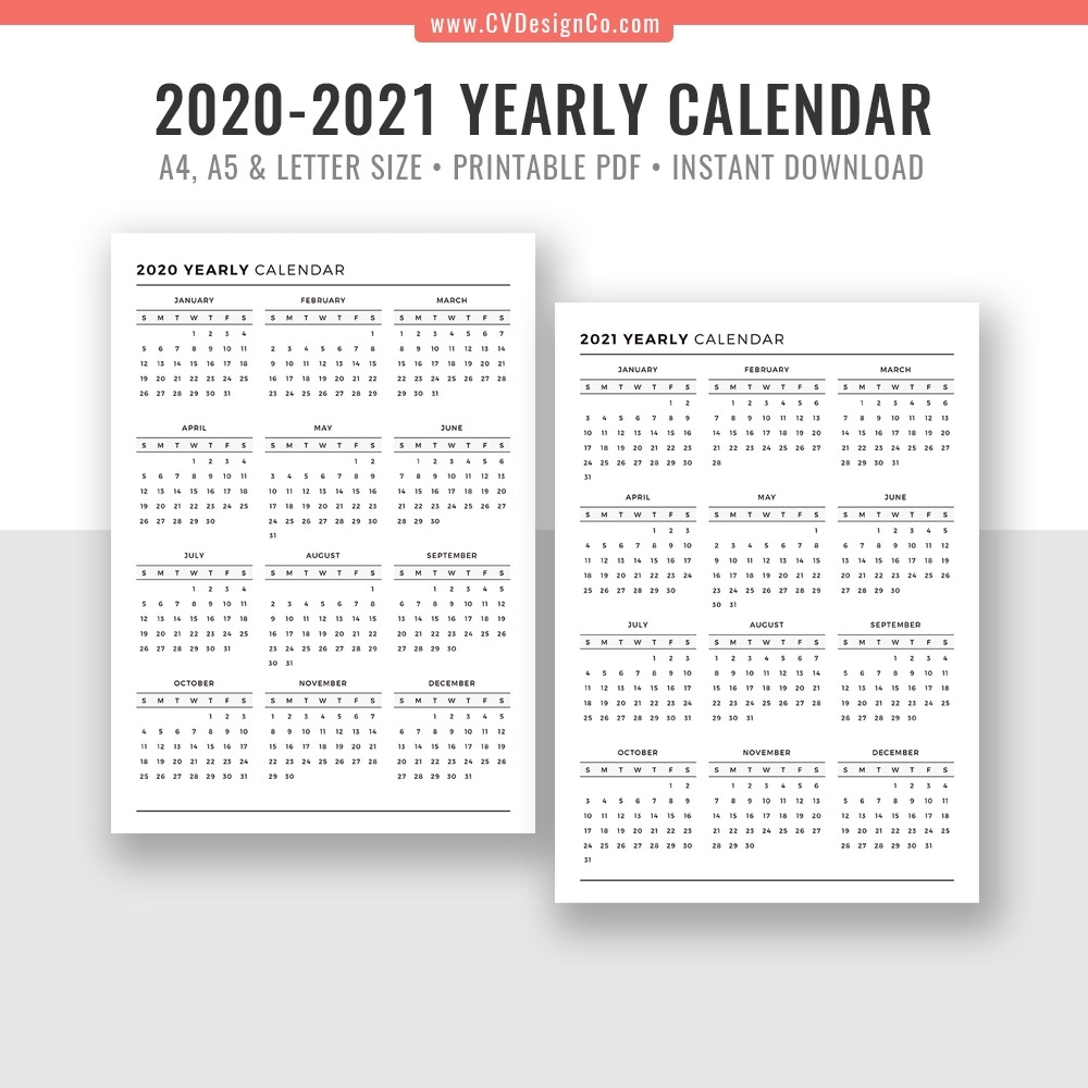 2020 - 2021 Yearly Calendar, Year At A Glance, Digital Printable Planner  Inserts, Sunday Start, Black &amp; White, Filofax A5, A4, Letter Size