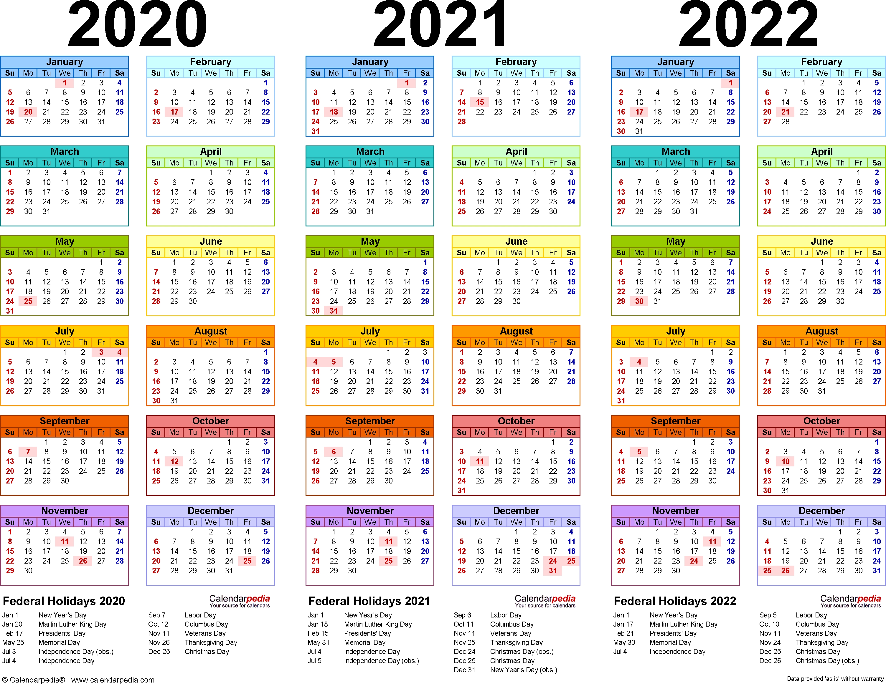 2020-2022 Three Year Calendar - Free Printable Pdf Templates