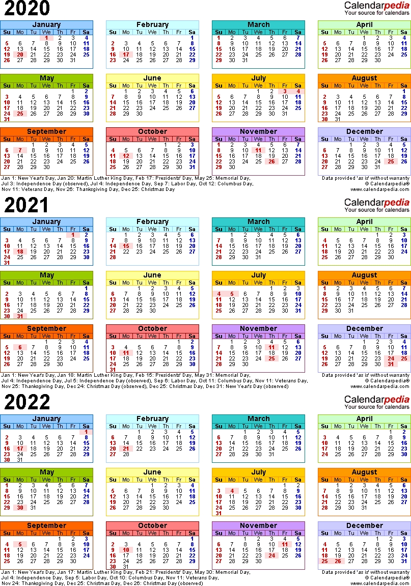 2020-2022 Three Year Calendar - Free Printable Pdf Templates