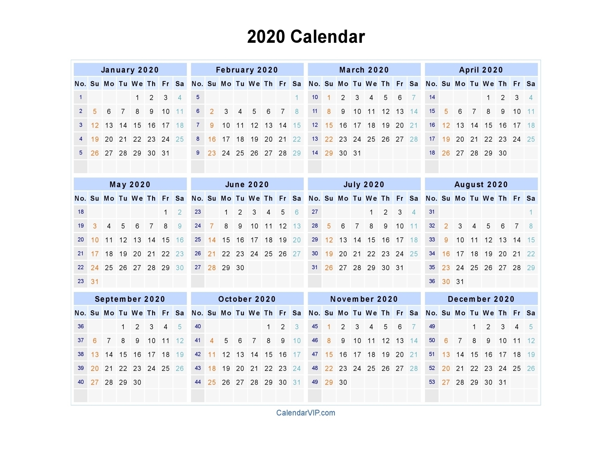 2020 Blank Calendarweeks | Monthly Printable Calender