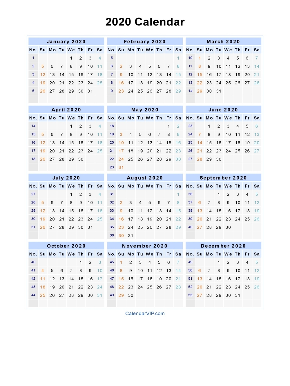 2020 Calendar - Blank Printable Calendar Template In Pdf