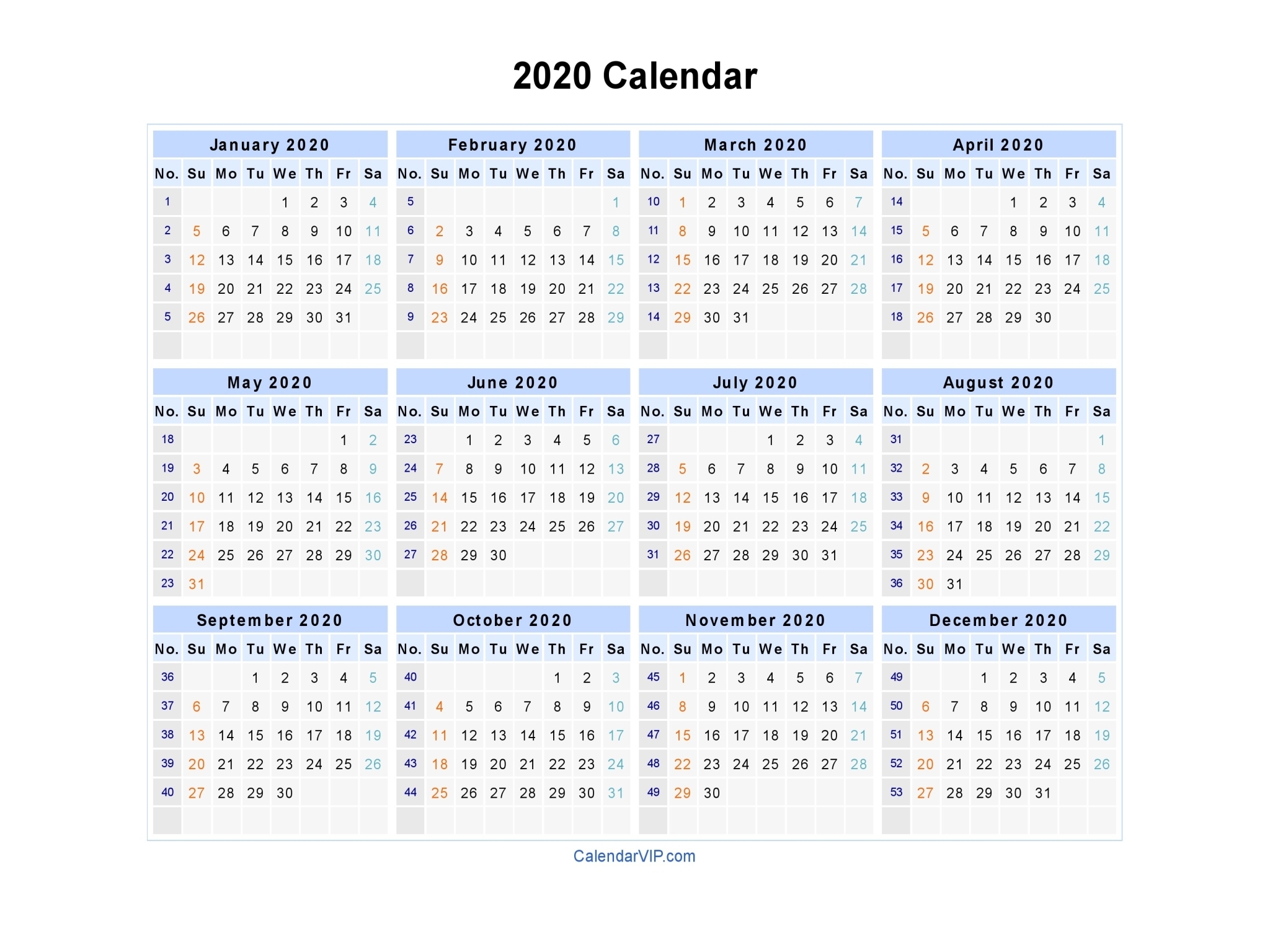 2020 Calendar - Blank Printable Calendar Template In Pdf