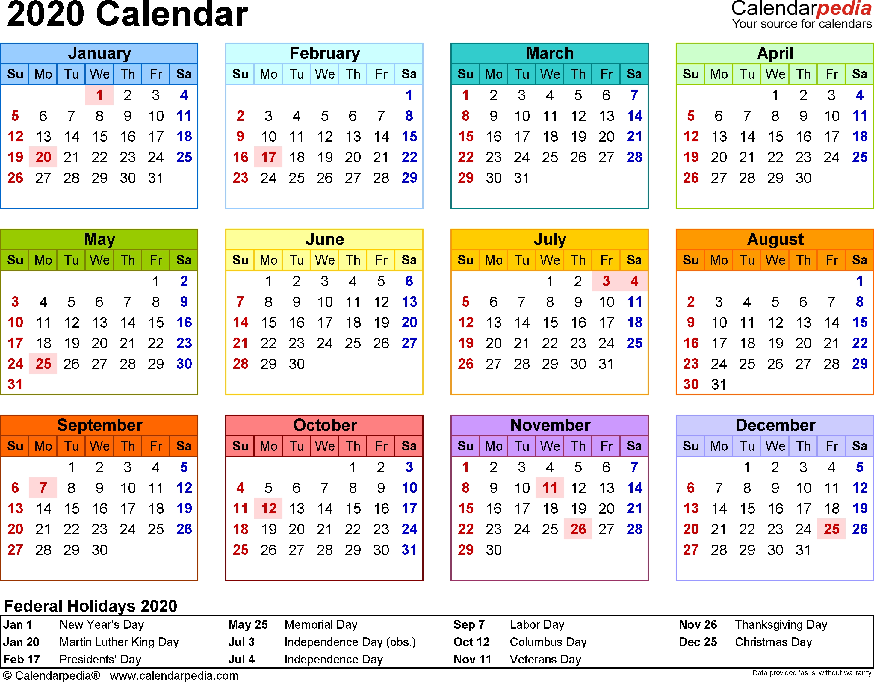 2020 Calendar - Download 18 Free Printable Excel Templates