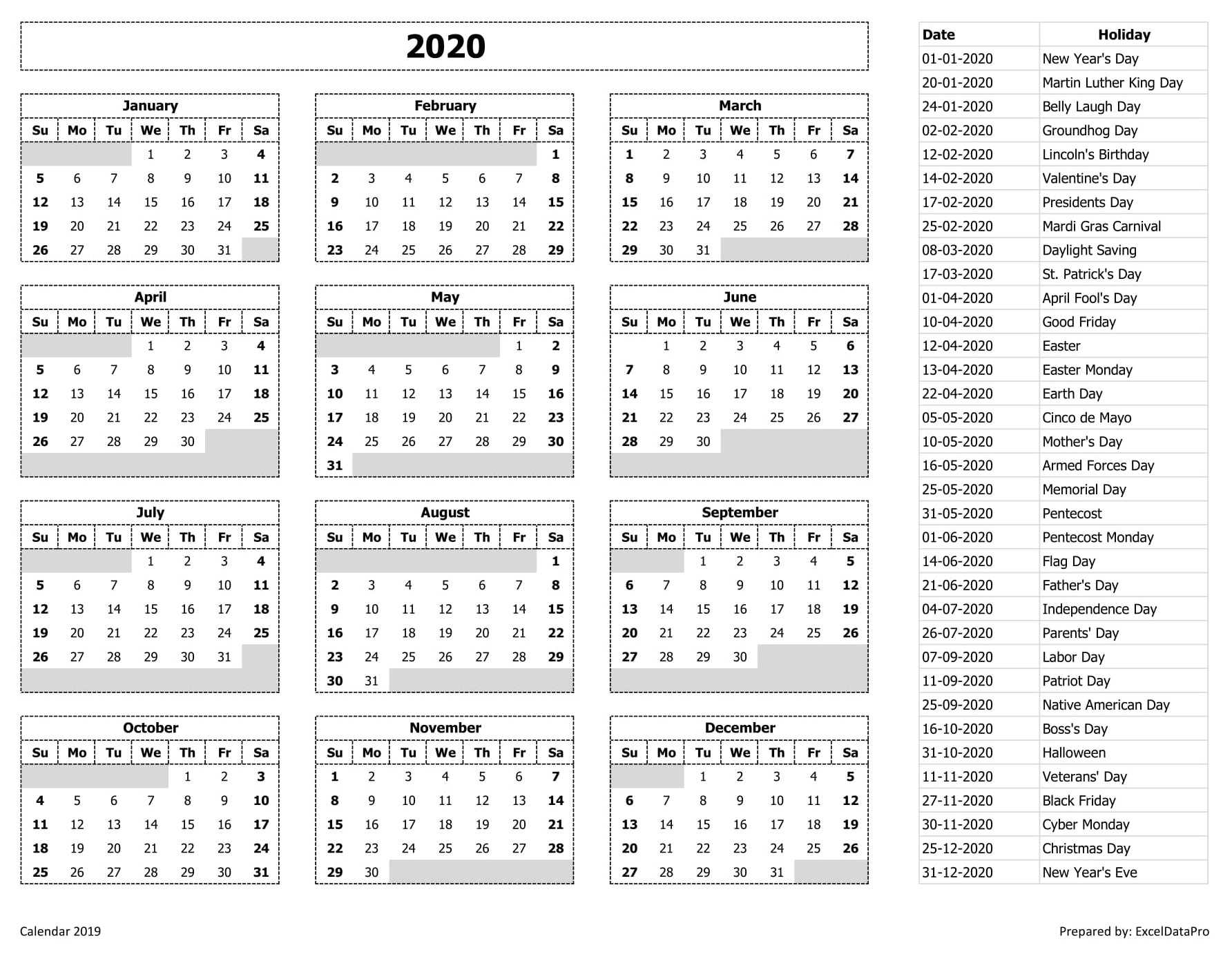 2020 Calendar Excel Templates, Printable Pdfs &amp; Images