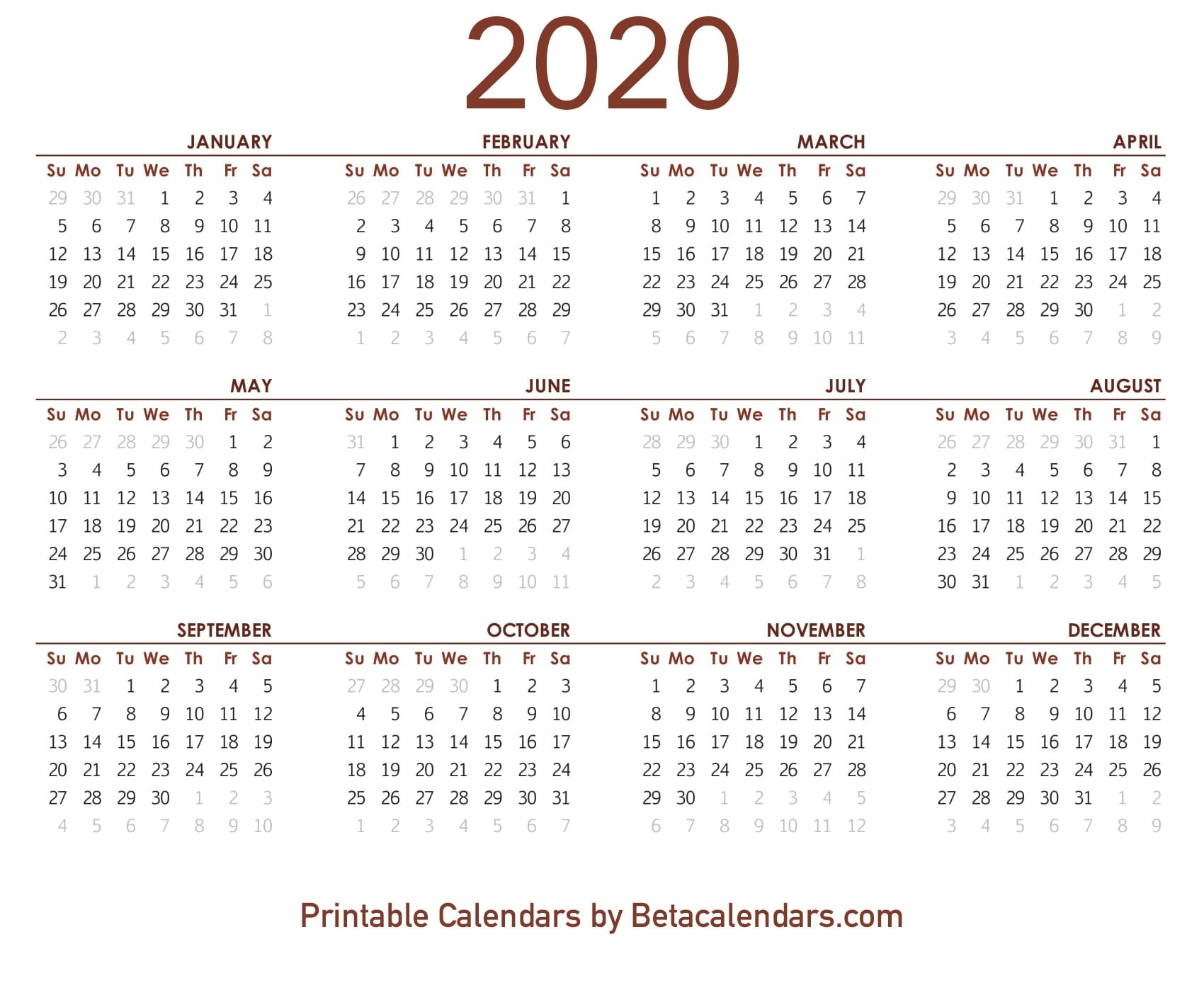 2020 Calendar - Free Printable Yearly Calendar 2020